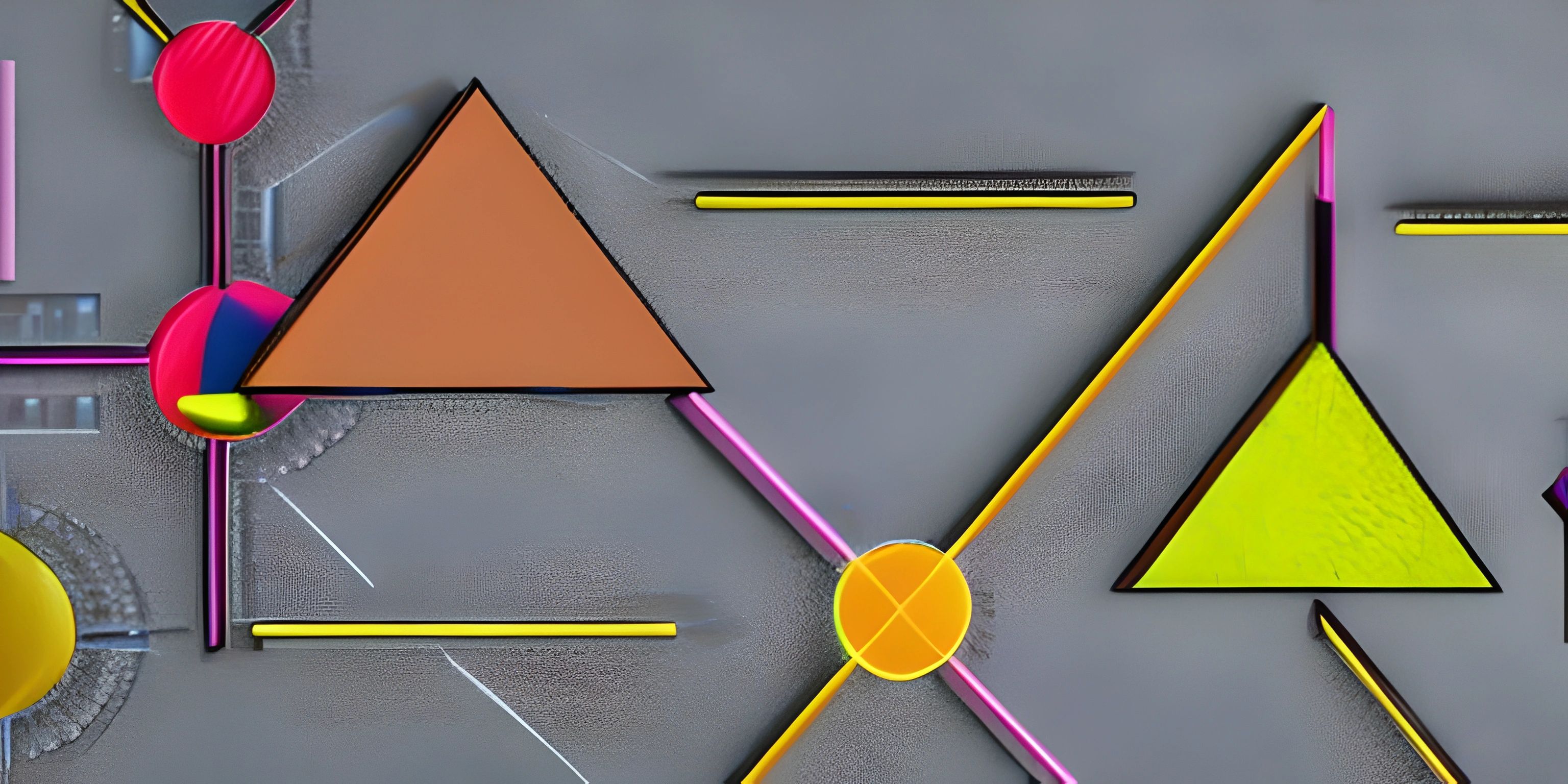 a bunch of neon colored geometric objects on a gray surface a few red, two yellow, two pink and orange