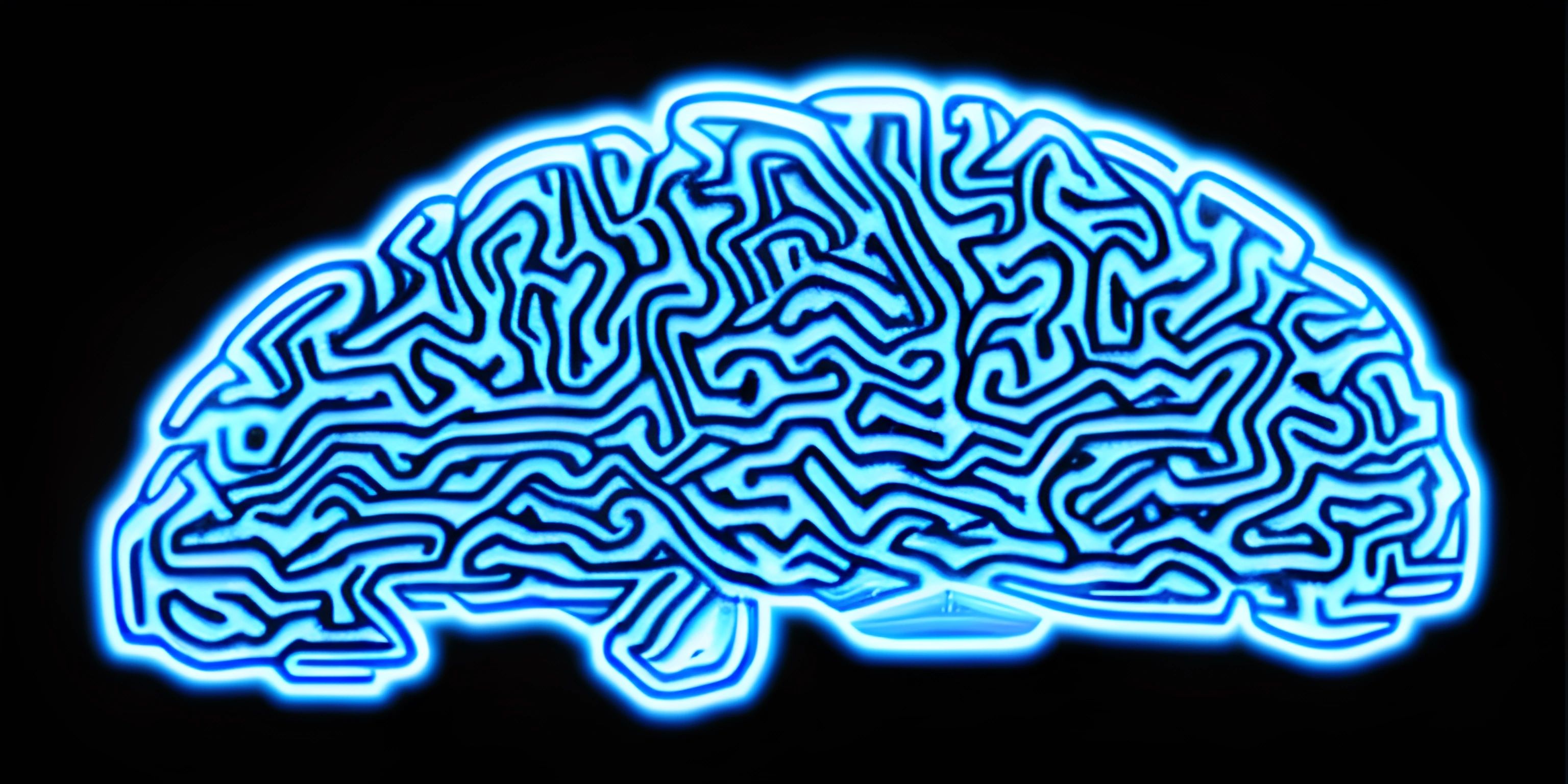 a close up of a glowing human brain on a black background with blue highlights in the middle