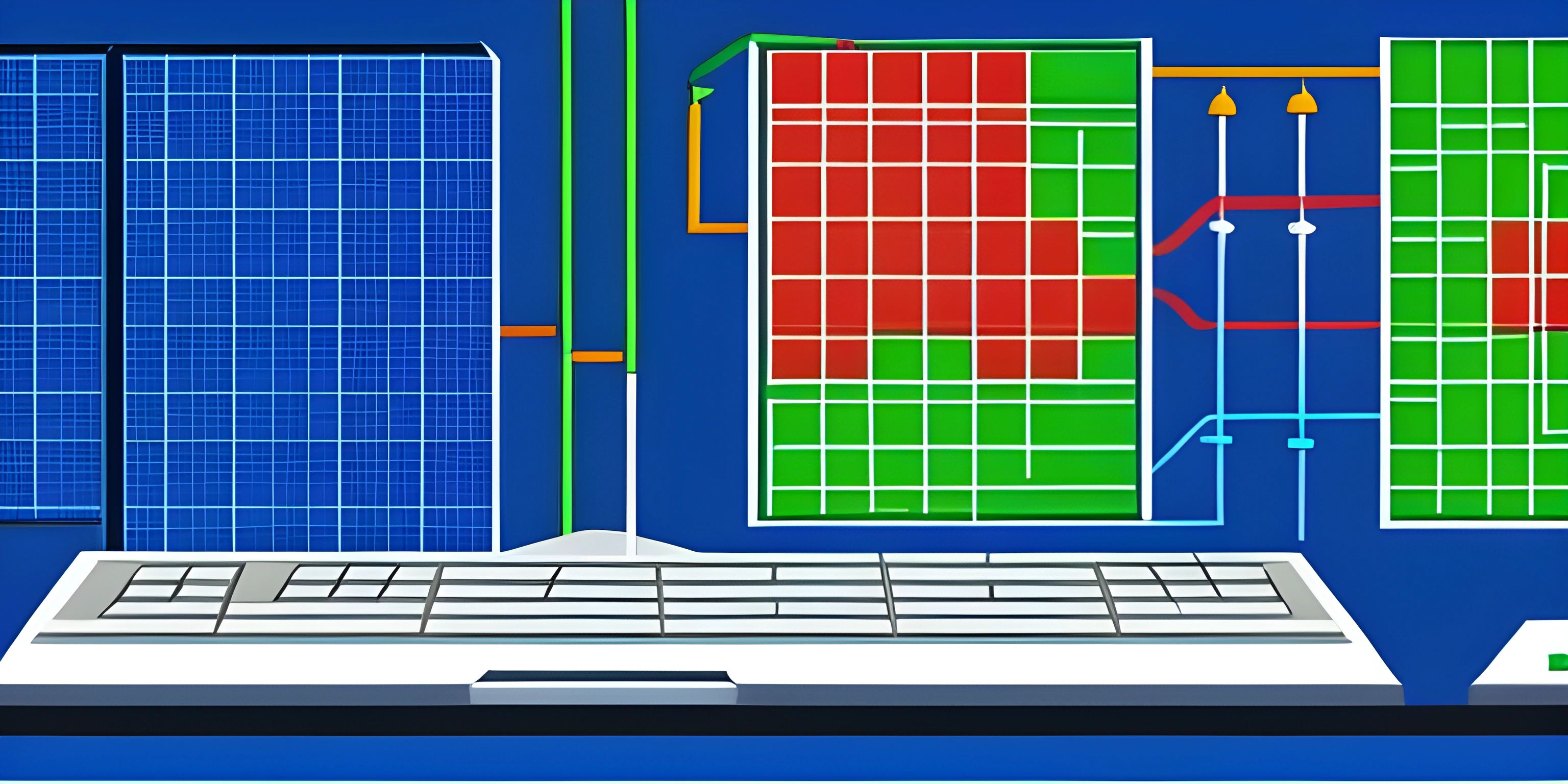 computer equipment and electronic devices displayed on blue wall with grid pattern background and window to window with light