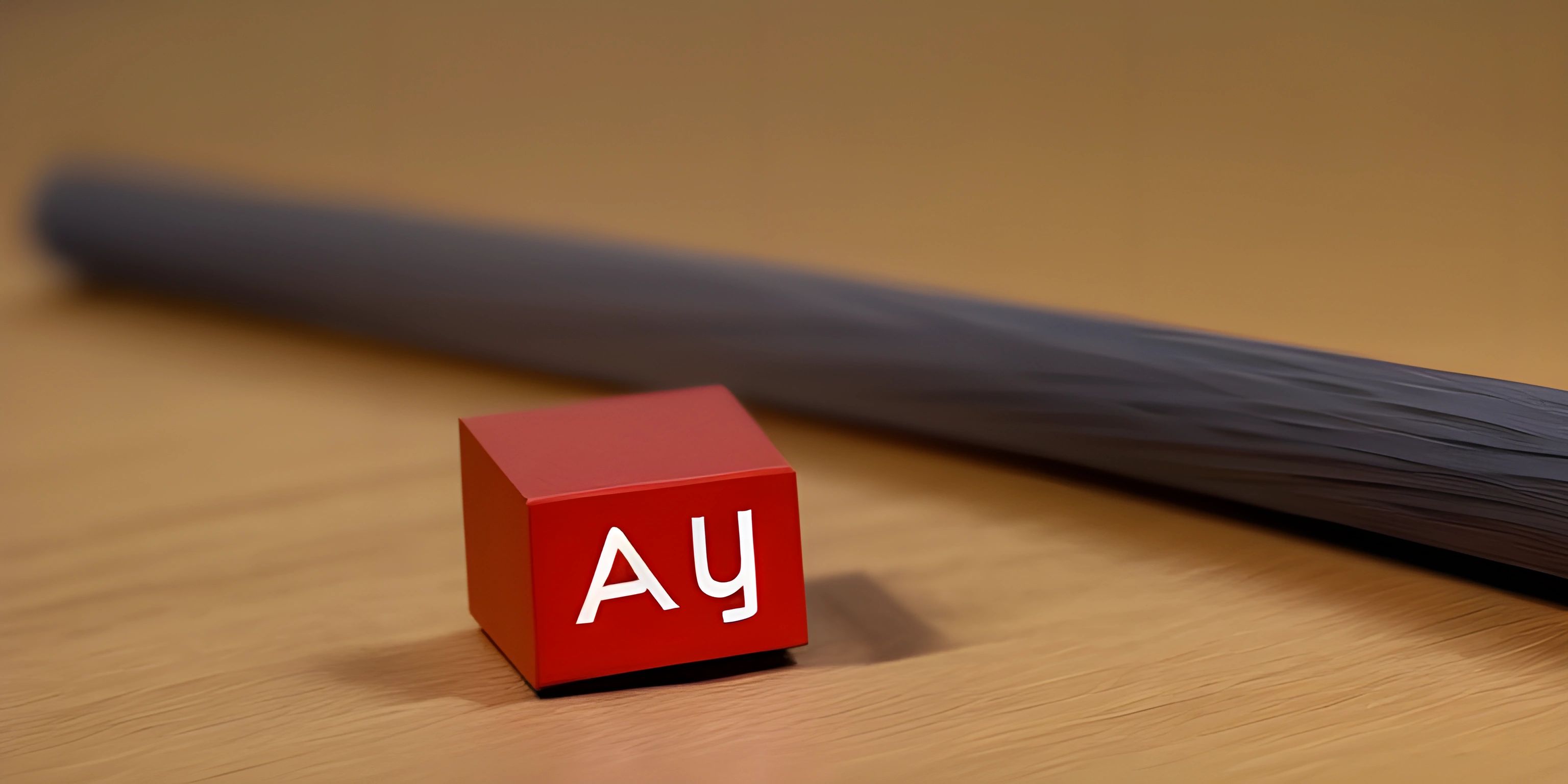 an odd cube sits on top of a stick that is next to it with the letter a on it