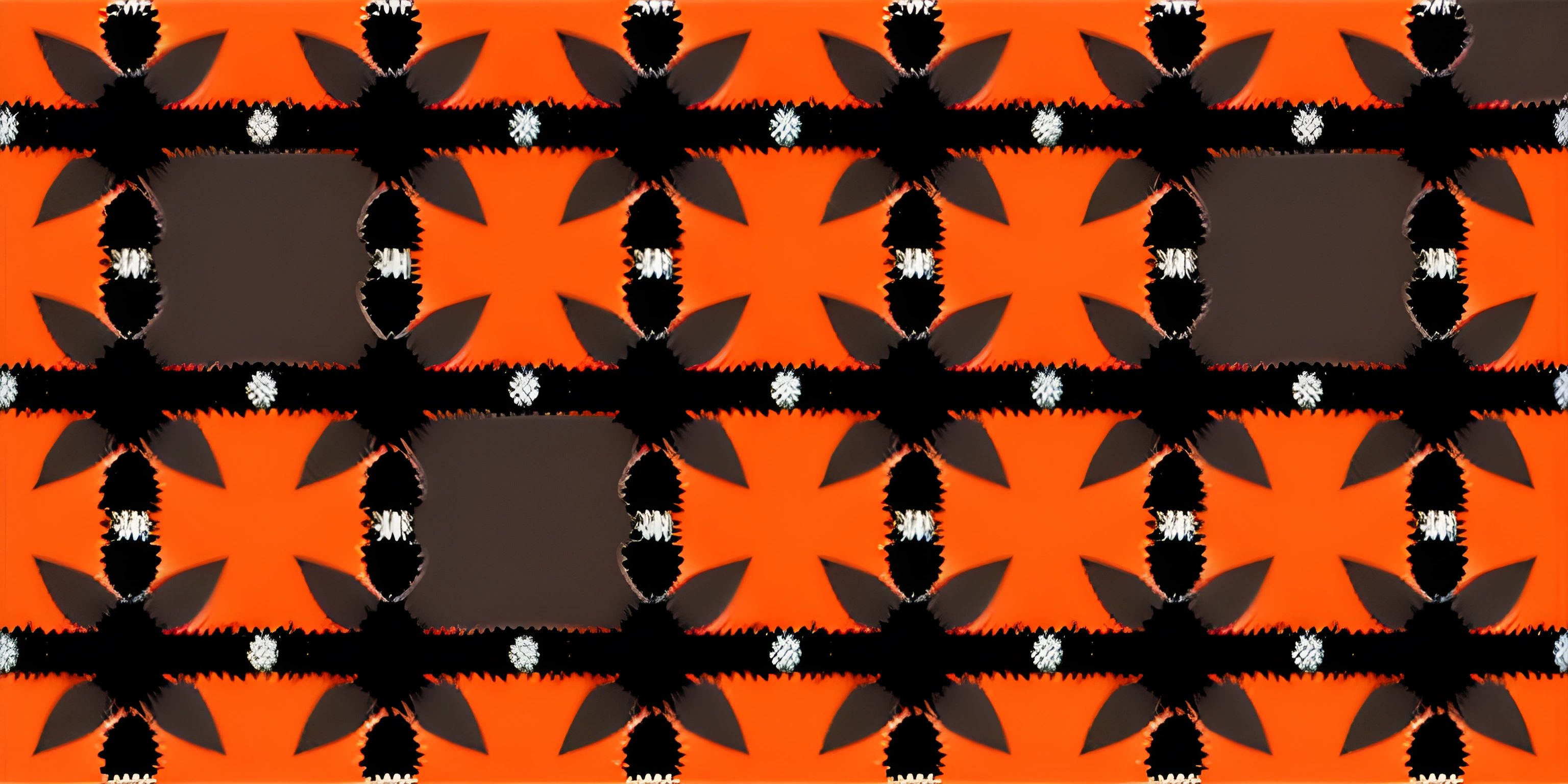 a tiled background of several squares and black and orange shapes and circles, on a black background