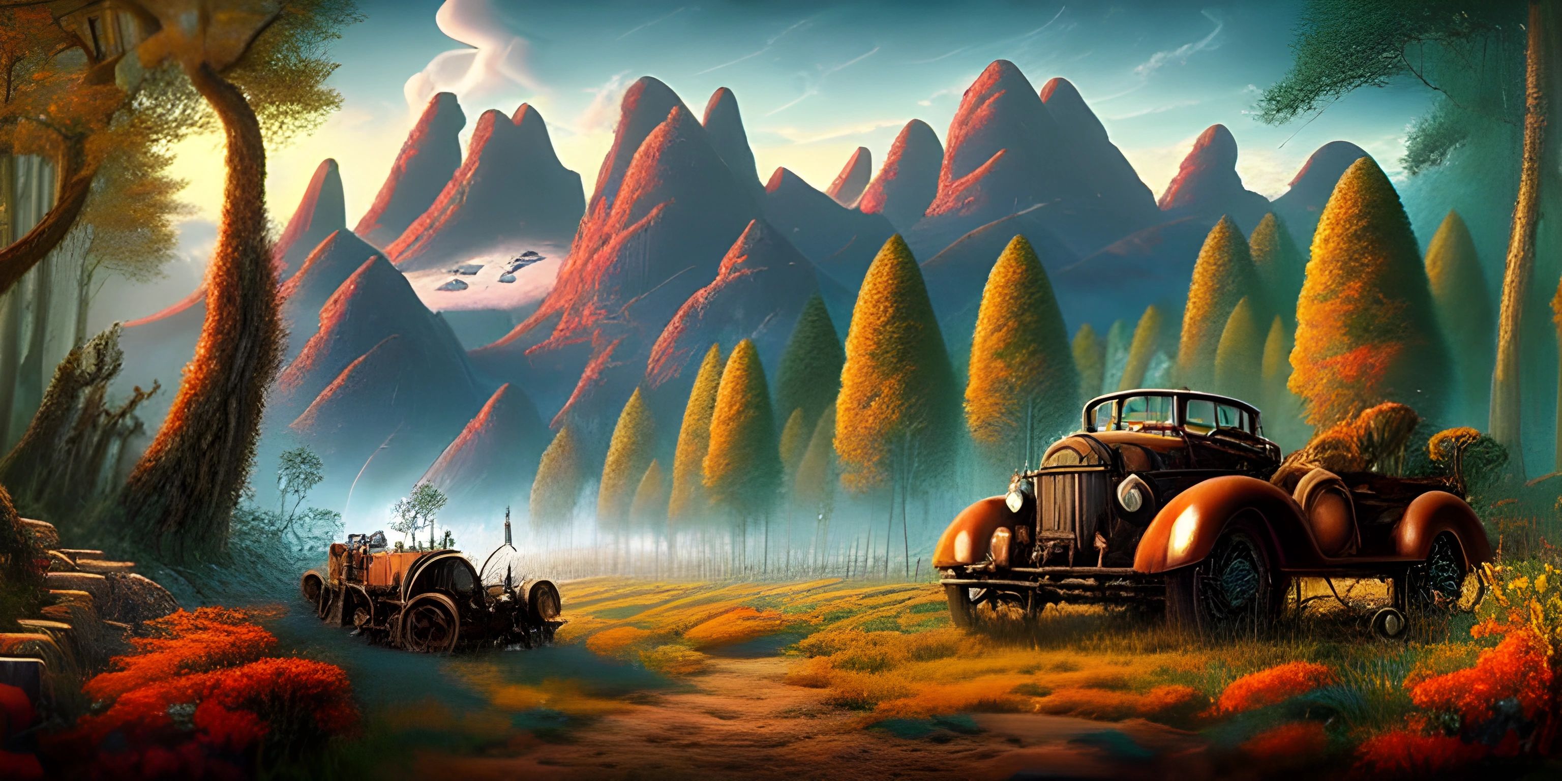 a painting of an old fashioned car sitting in the middle of a forest next to mountains