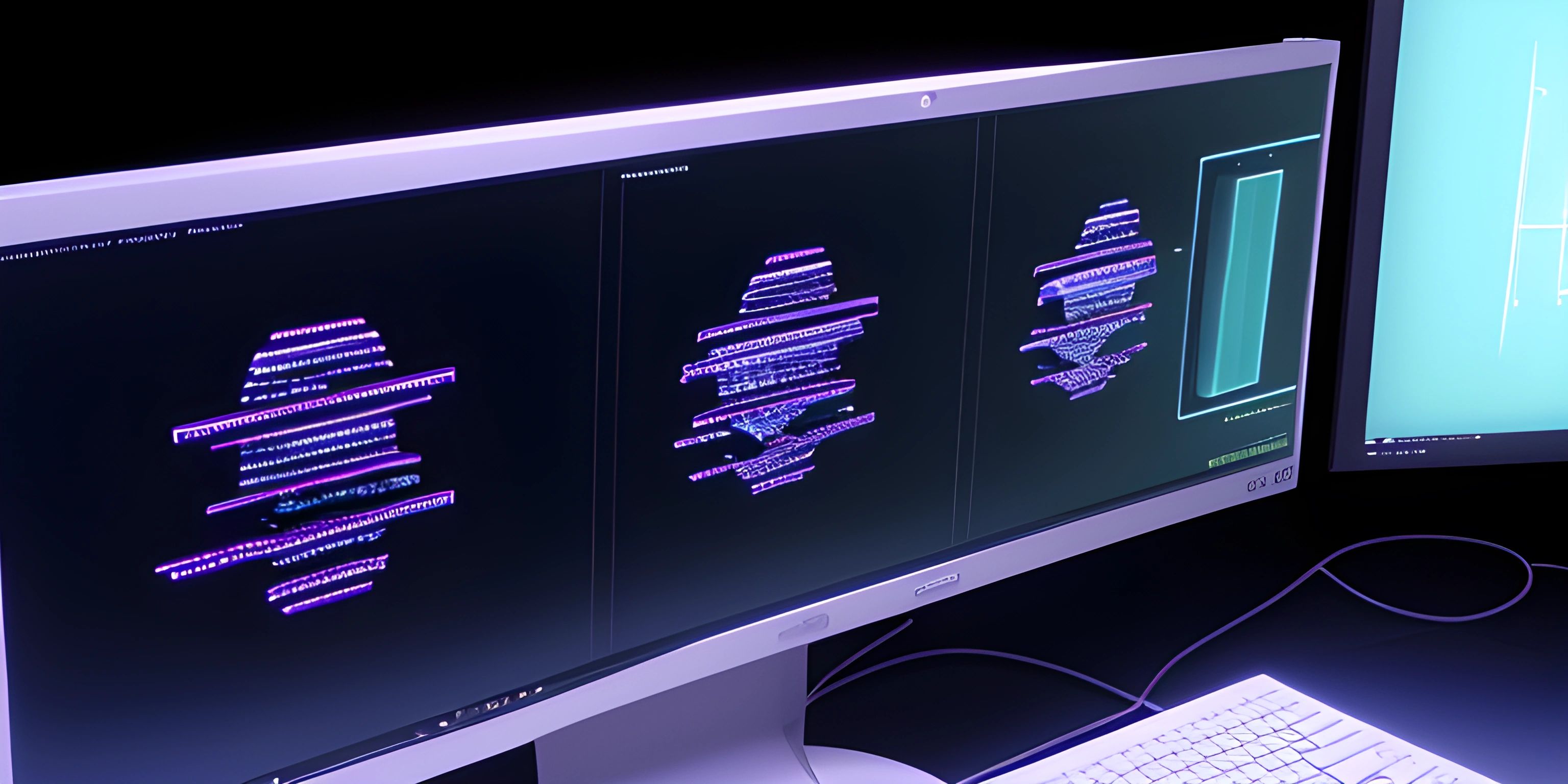 two monitors in the same room with a keyboard, mouse, and monitor screen showing programming