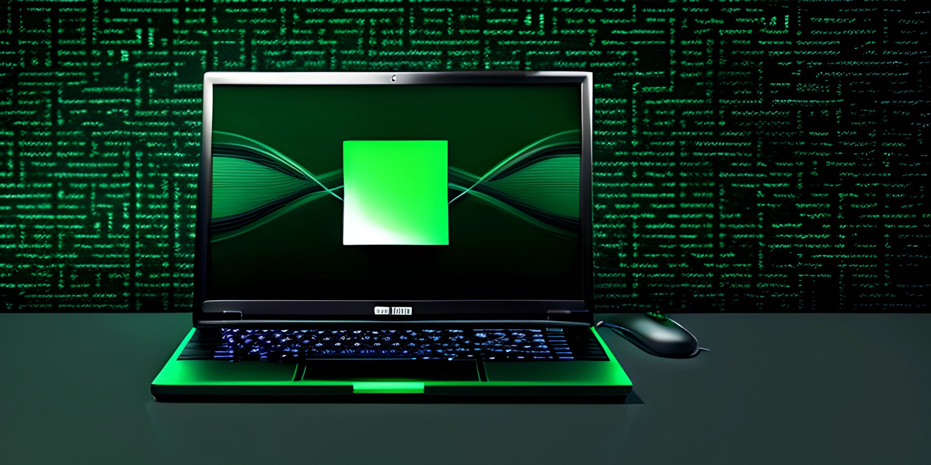 a laptop sitting on a desk with the screen illuminated up green and showing a diagonal