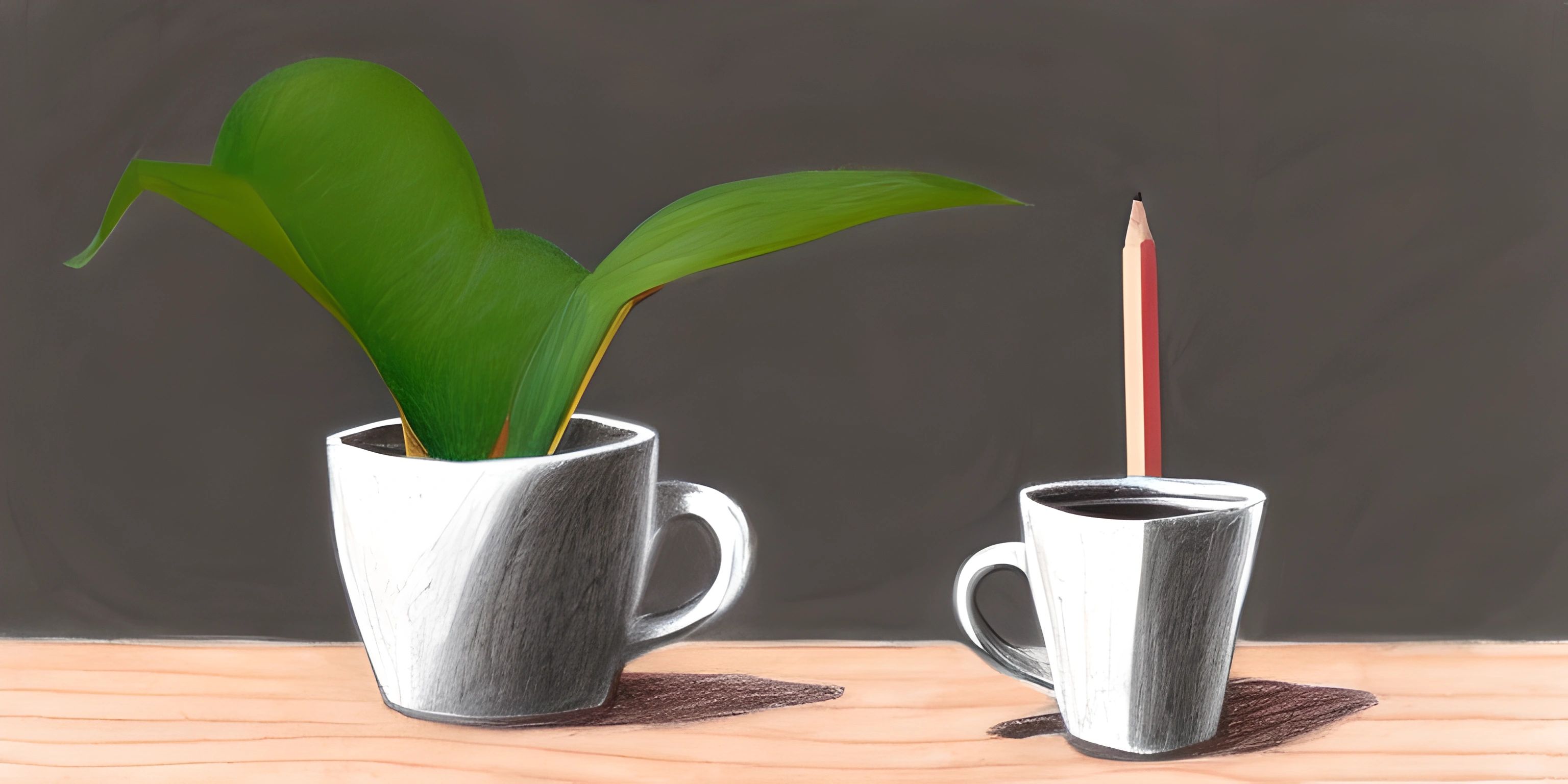 drawing a cup of coffee next to a pencil with a plant in it, with dark colored background