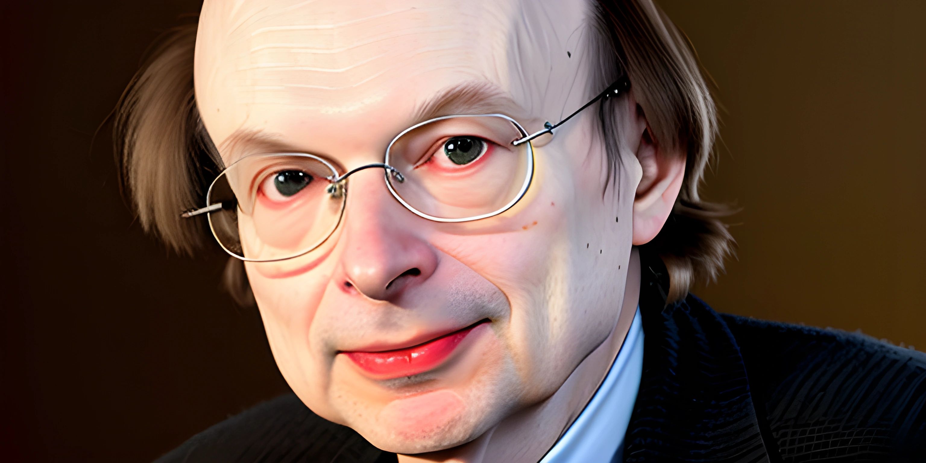 a man wearing glasses in front of dark background with an off white button down shirt