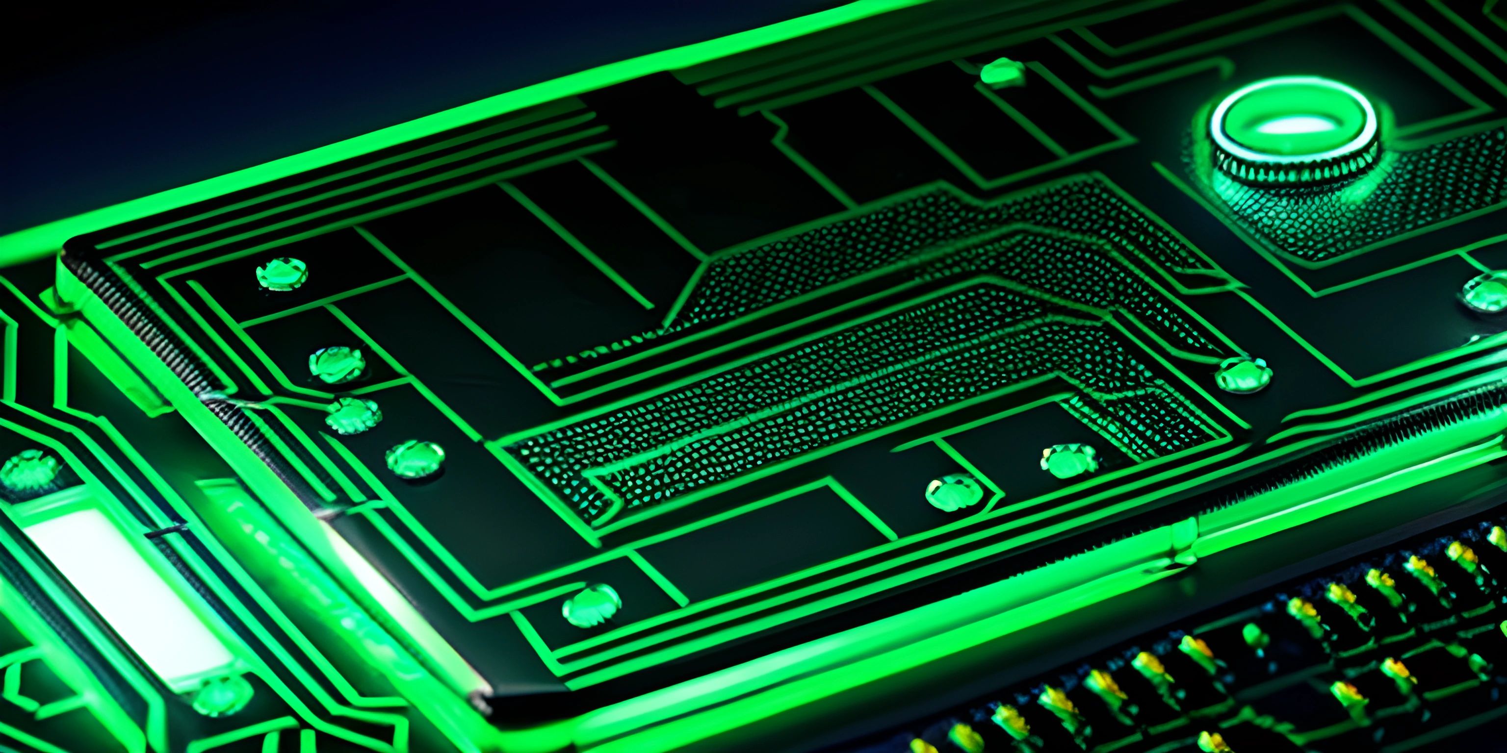 the electronic component on a computer board is glowing green and black with yellow lights around it