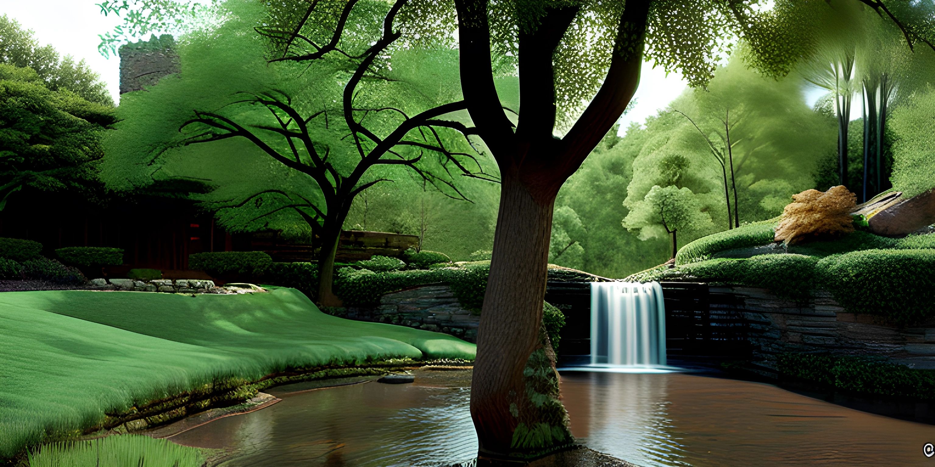 a green waterfall coming into the water below a tree with green leaves on it, surrounded by rocks and grass