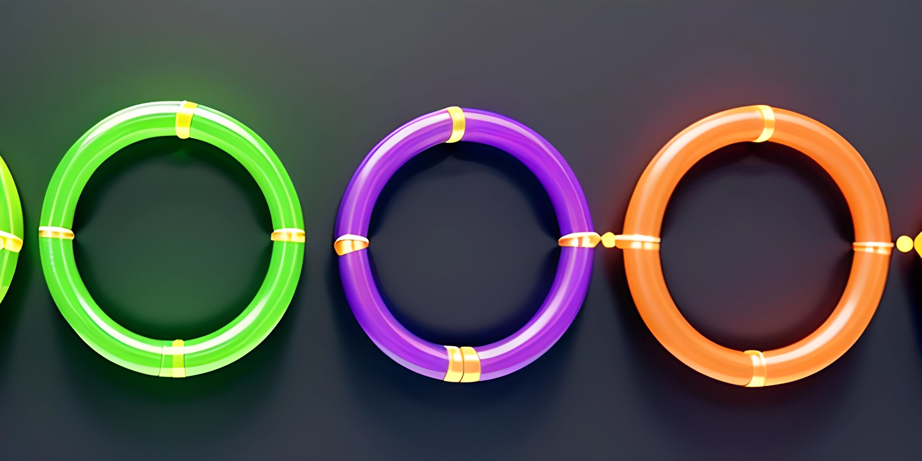 three ring shaped rings connected by a cord and yellow rope with a green, orange, and purple cord