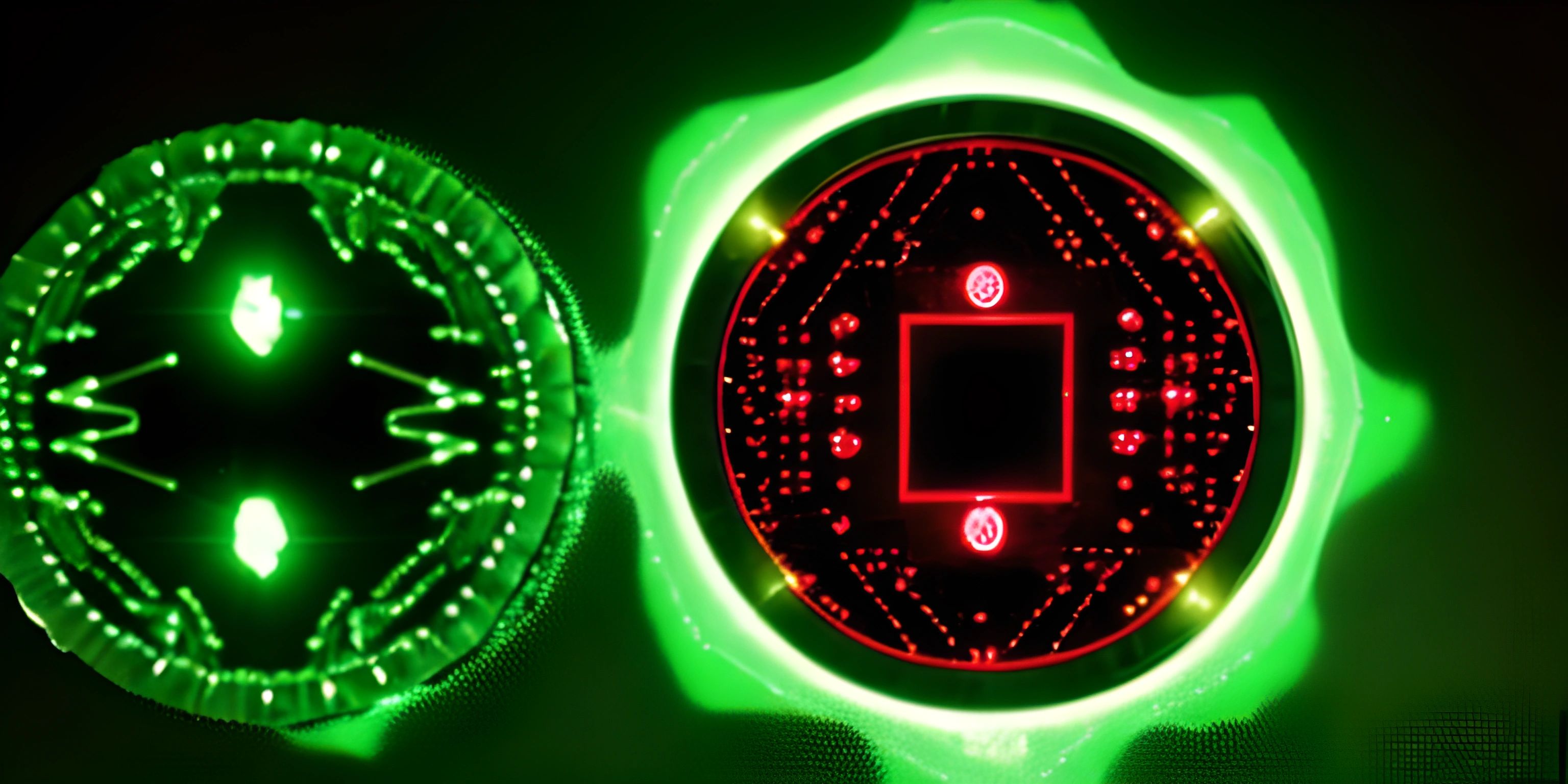 two green illuminated lights and some red circles inlases with white letters on each