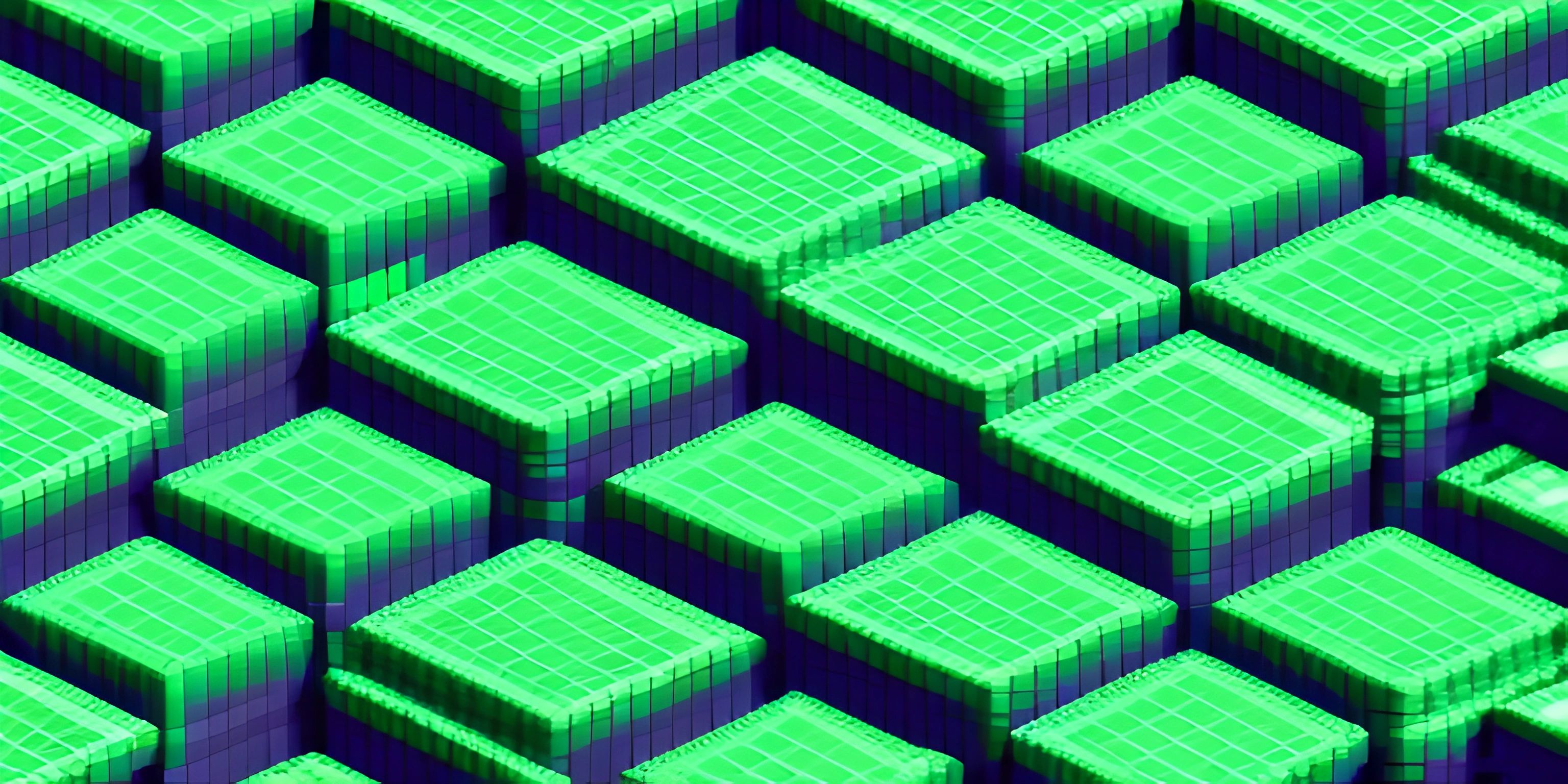 the 3d model is showing a lot of square structures in bright green colors, and has been placed against each other