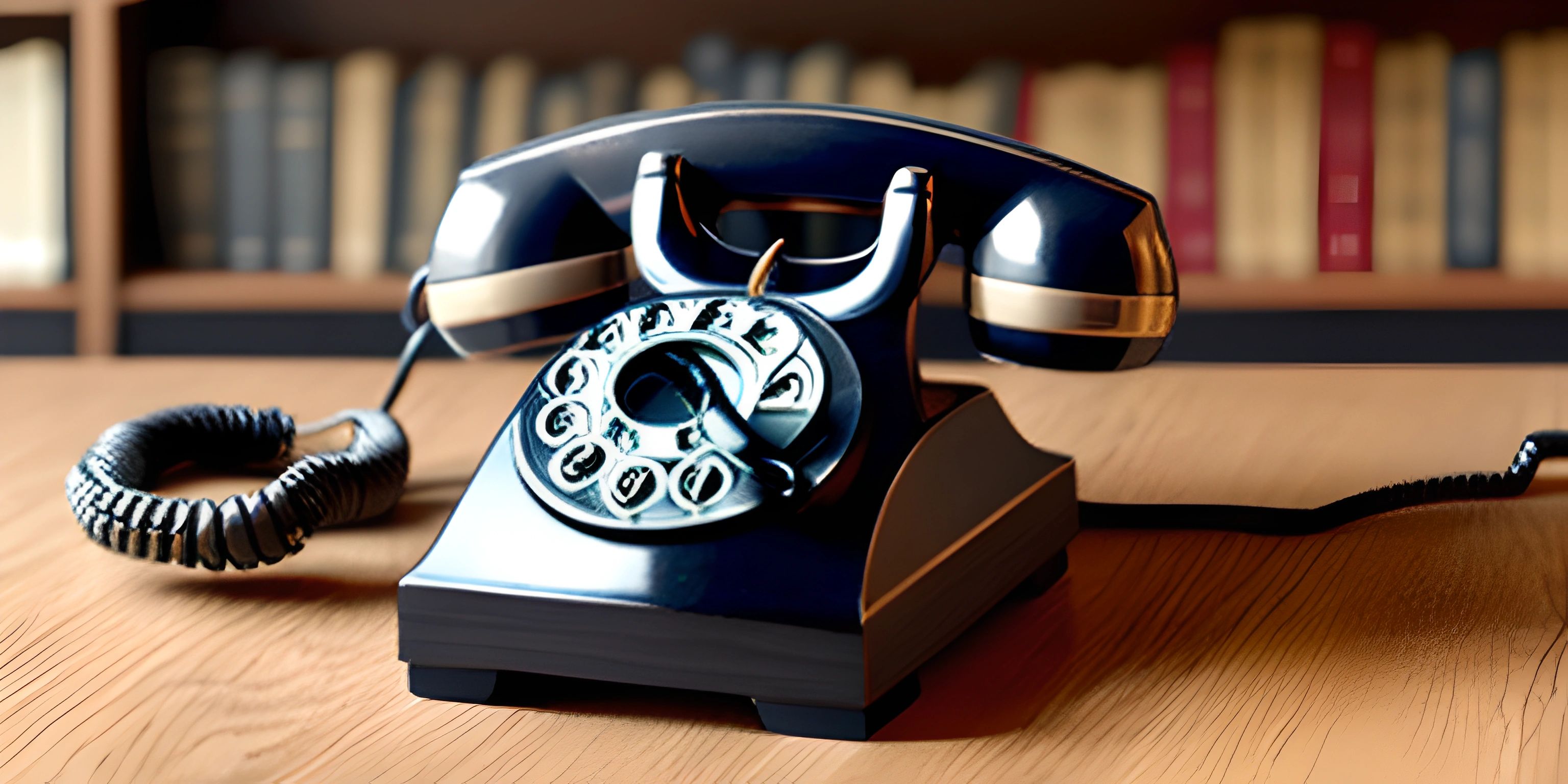 a old - fashioned phone that looks like a corded telephone on the table near bookshelves