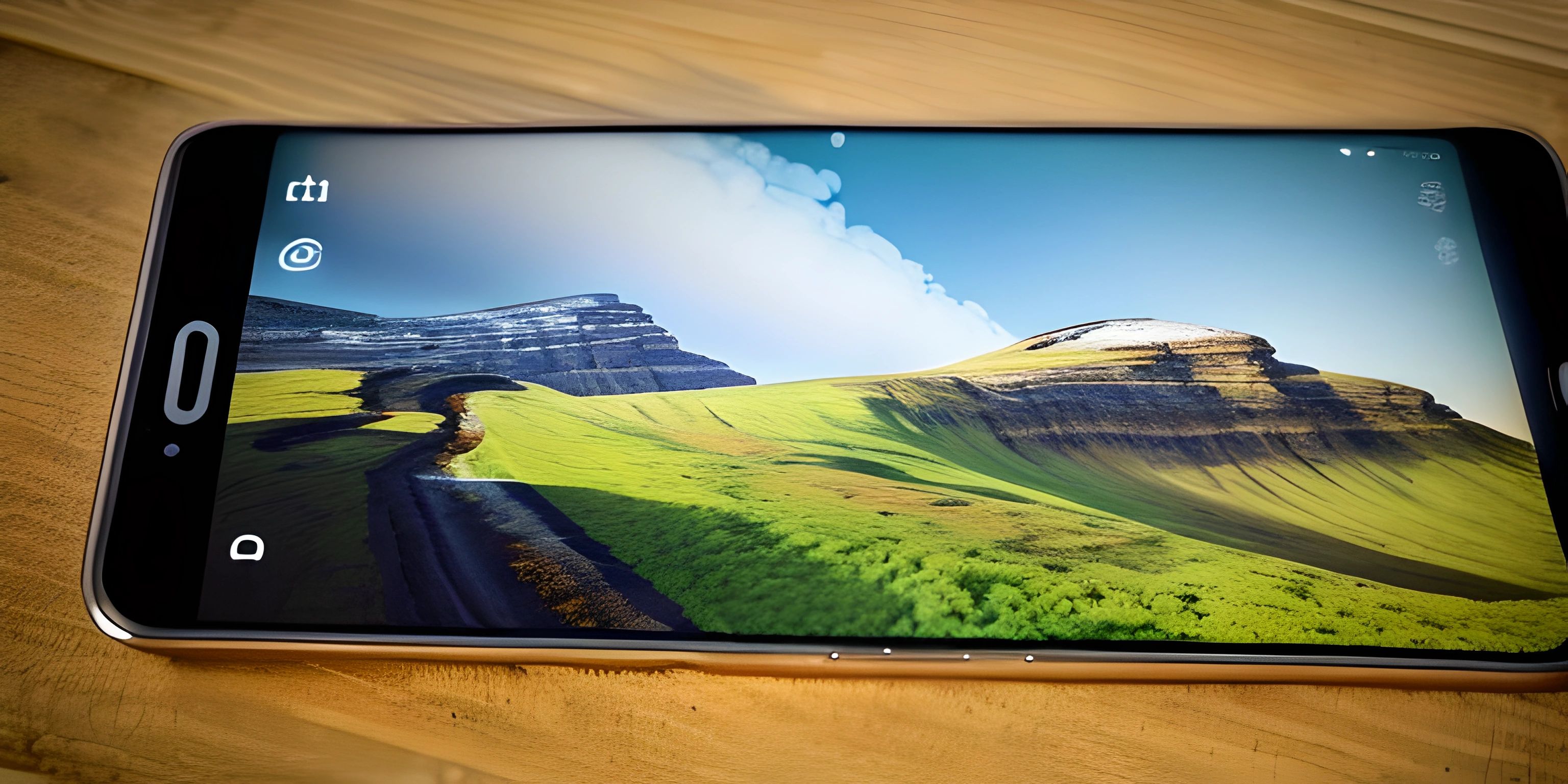 a phone on a wooden table displaying its image in the screen space with mountains in the background