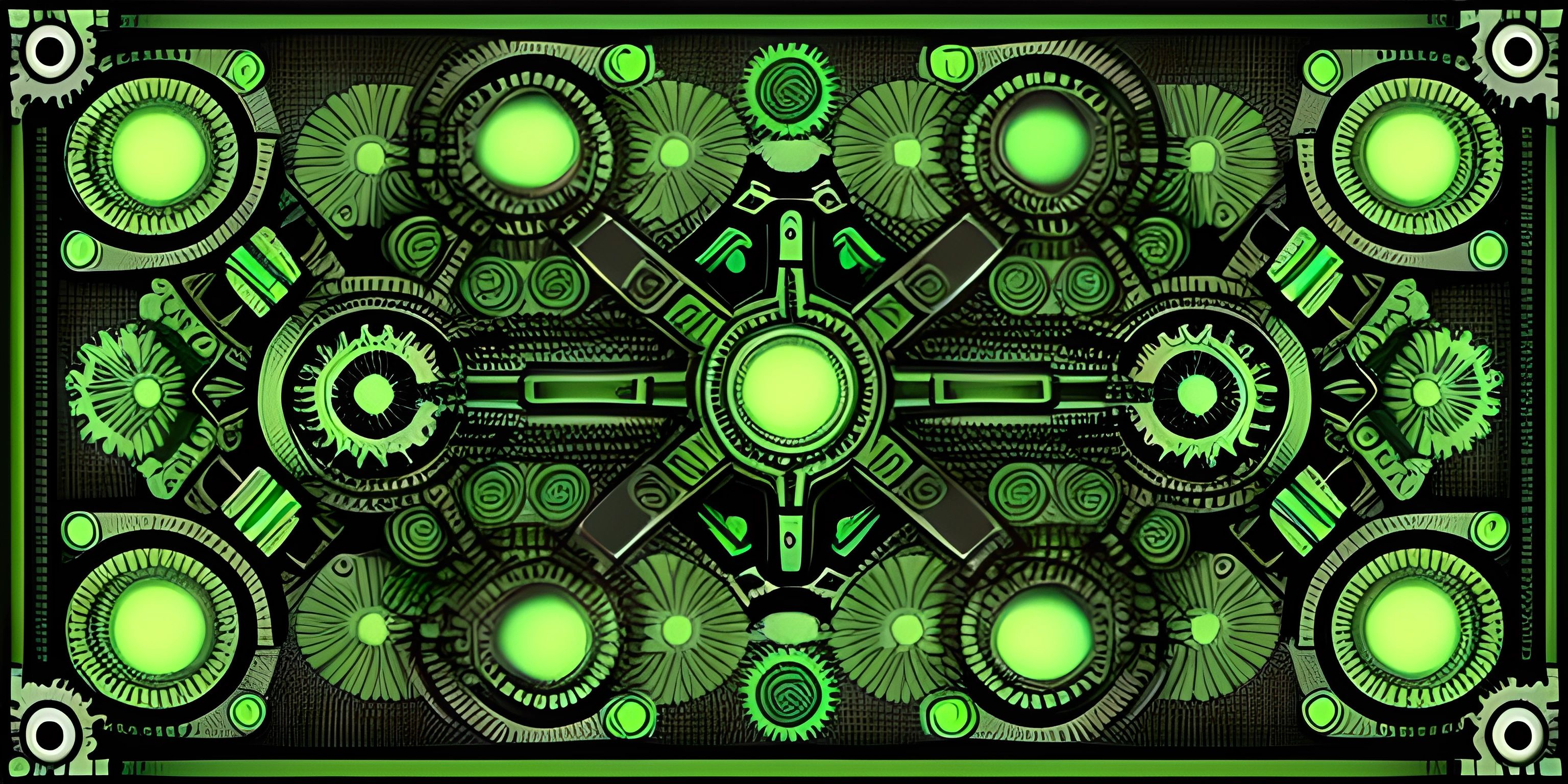 a wall hanging featuring green decorative designs with black background and dark background is shown from behind