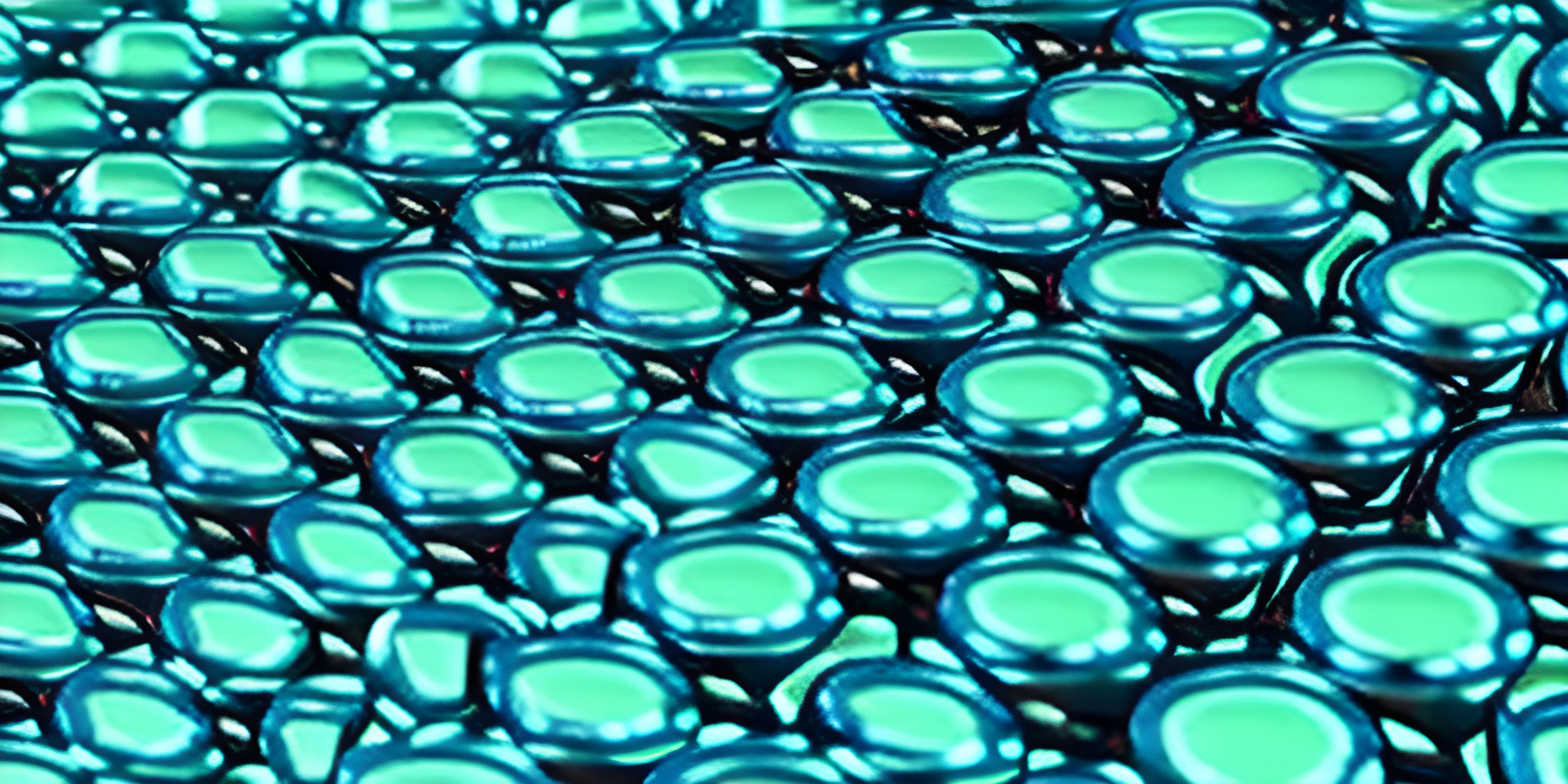 green beads on dark surface with black background and a white shadow in the center of the image