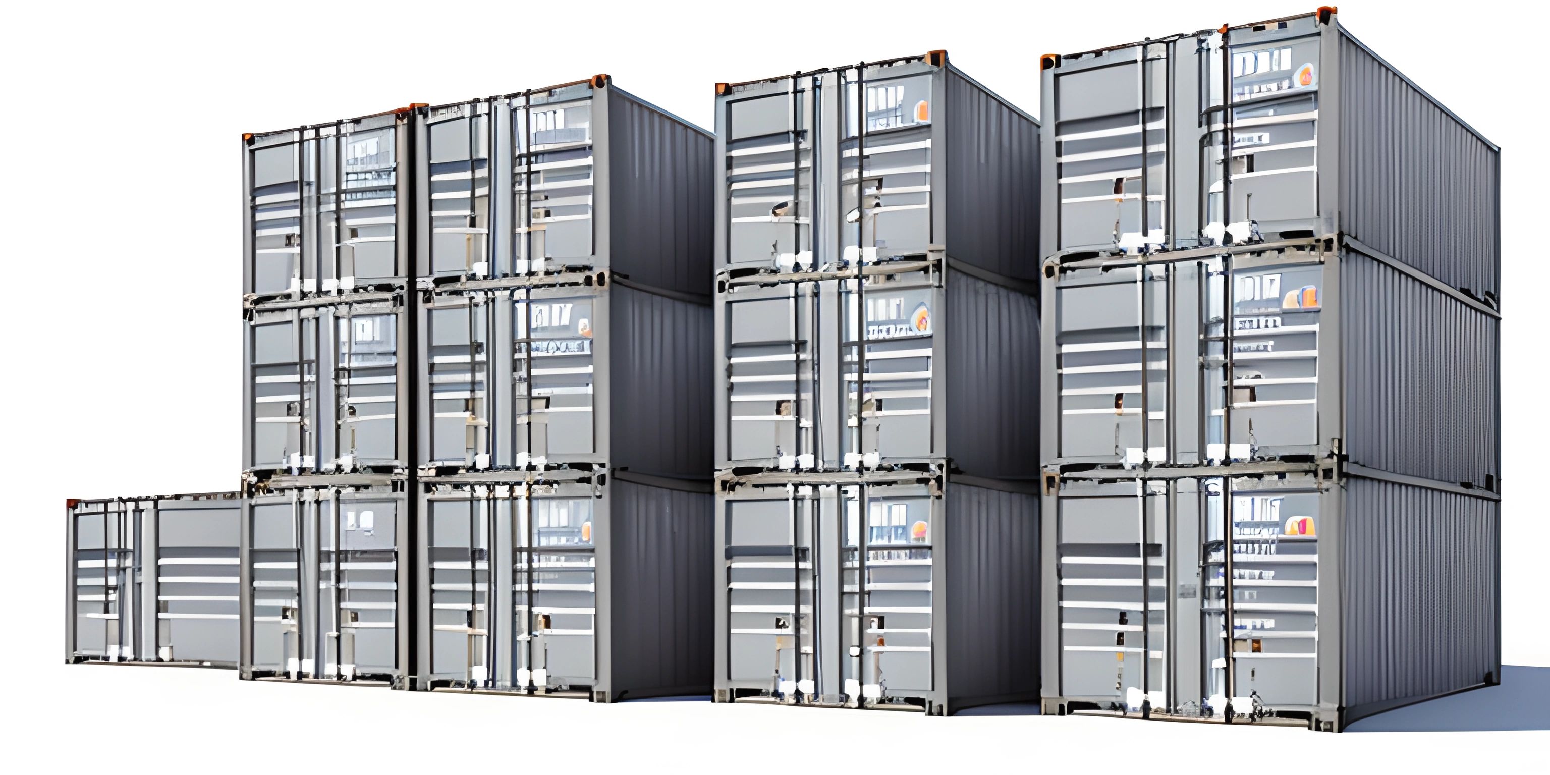 a pile of grey shipping containers in a row against a white background the boxes are stacked to form multiple stacks