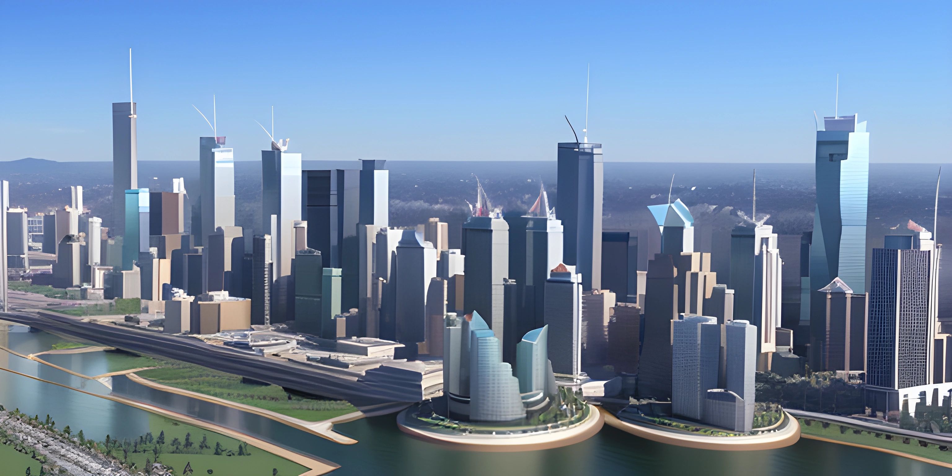 a large city with many tall buildings, skyscrapers and a river going through it