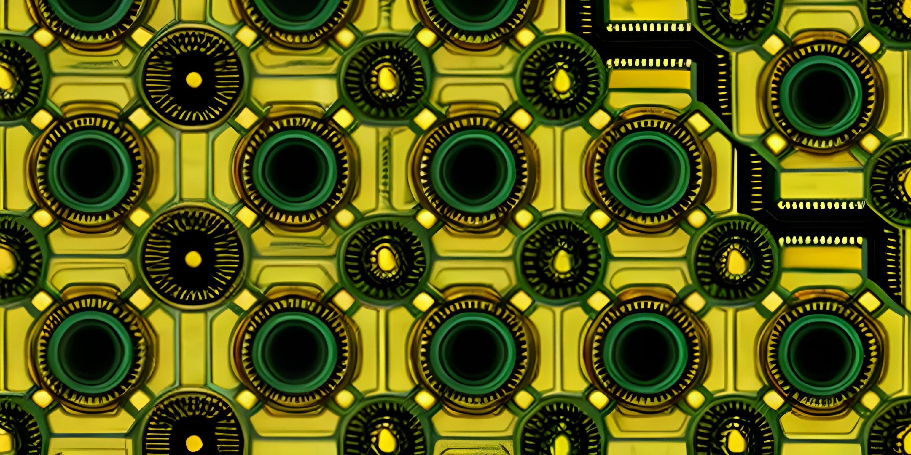 green and yellow shapes in an artistic pattern with a gold background or image on a black wall