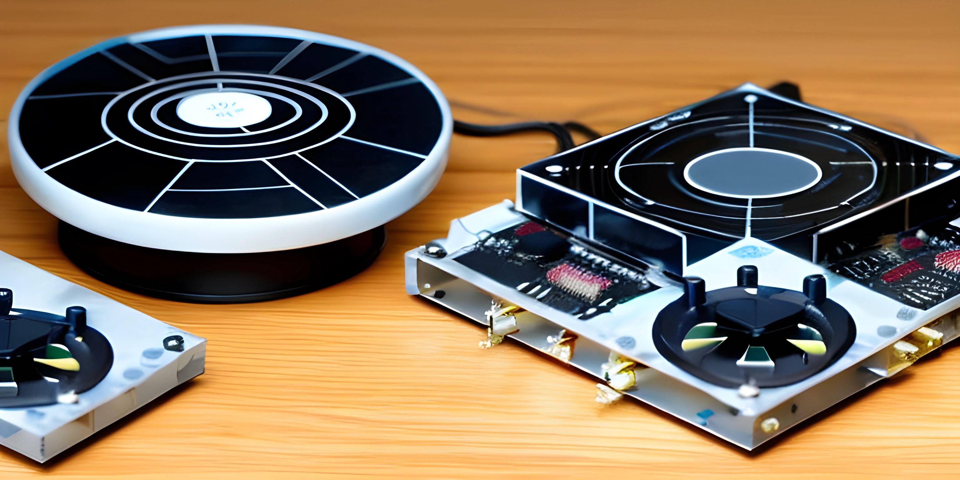 two black speakers and one silver speaker on wooden surface with electronics attached to it and a microphone next to them