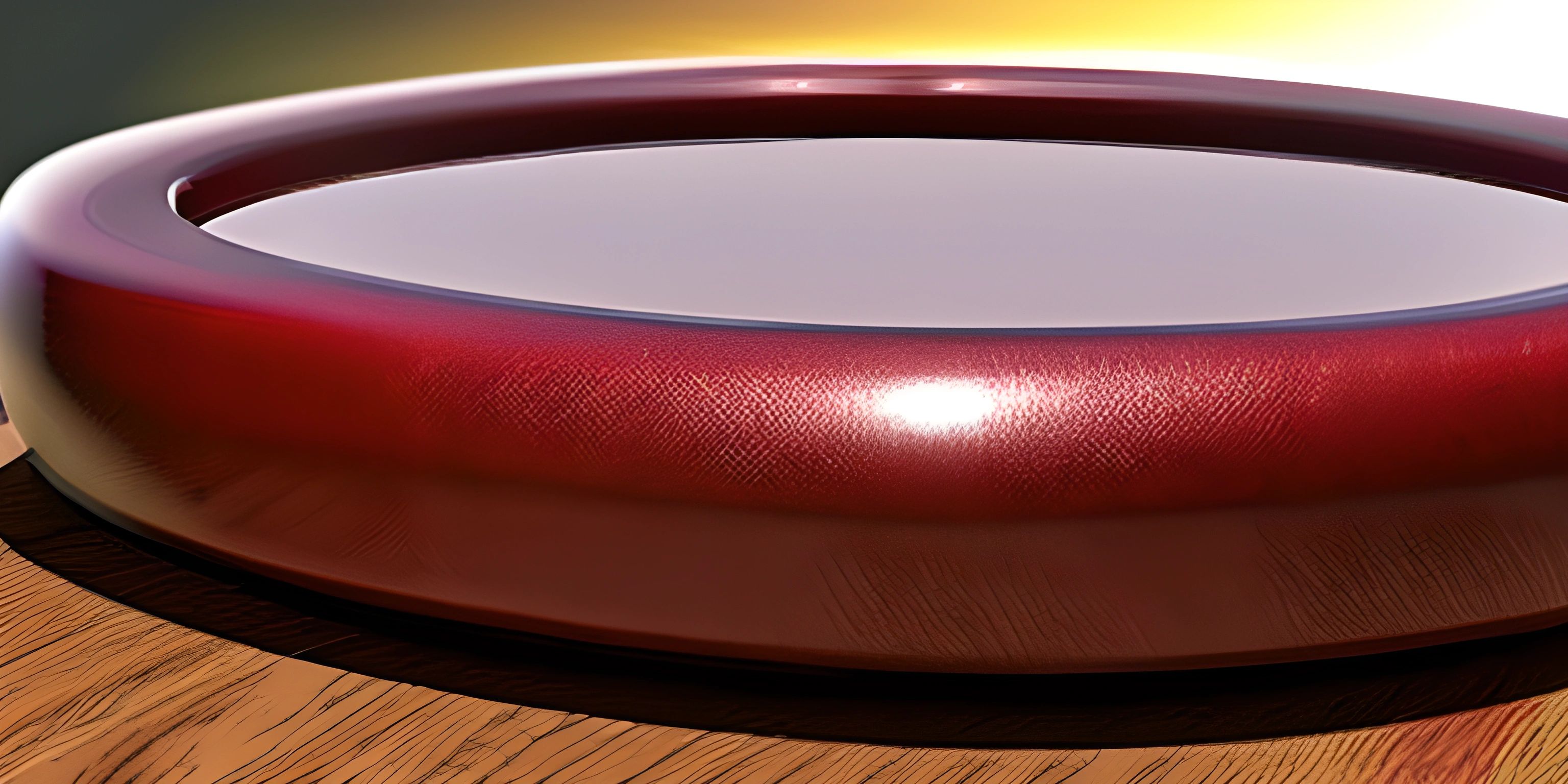 an empty red bowl sitting on top of a wooden table by the sea water under it