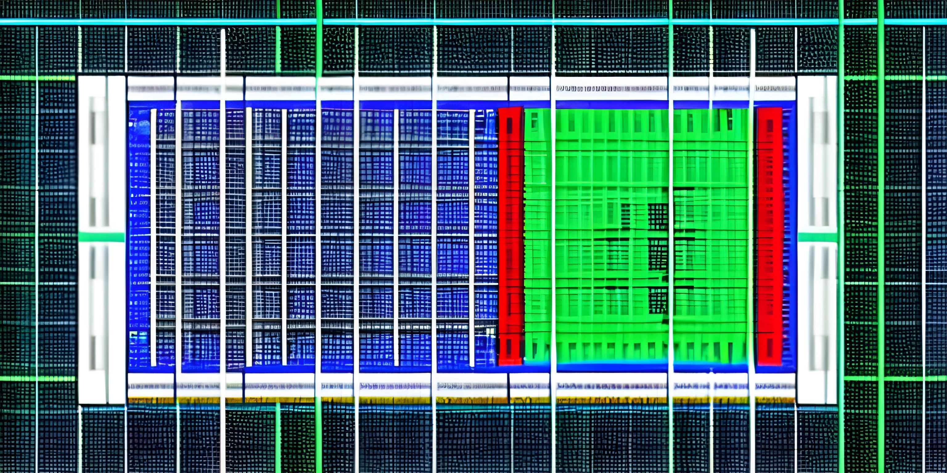 an electrical device in front of a black background and green mesh surrounding it, with red lines going down the middle