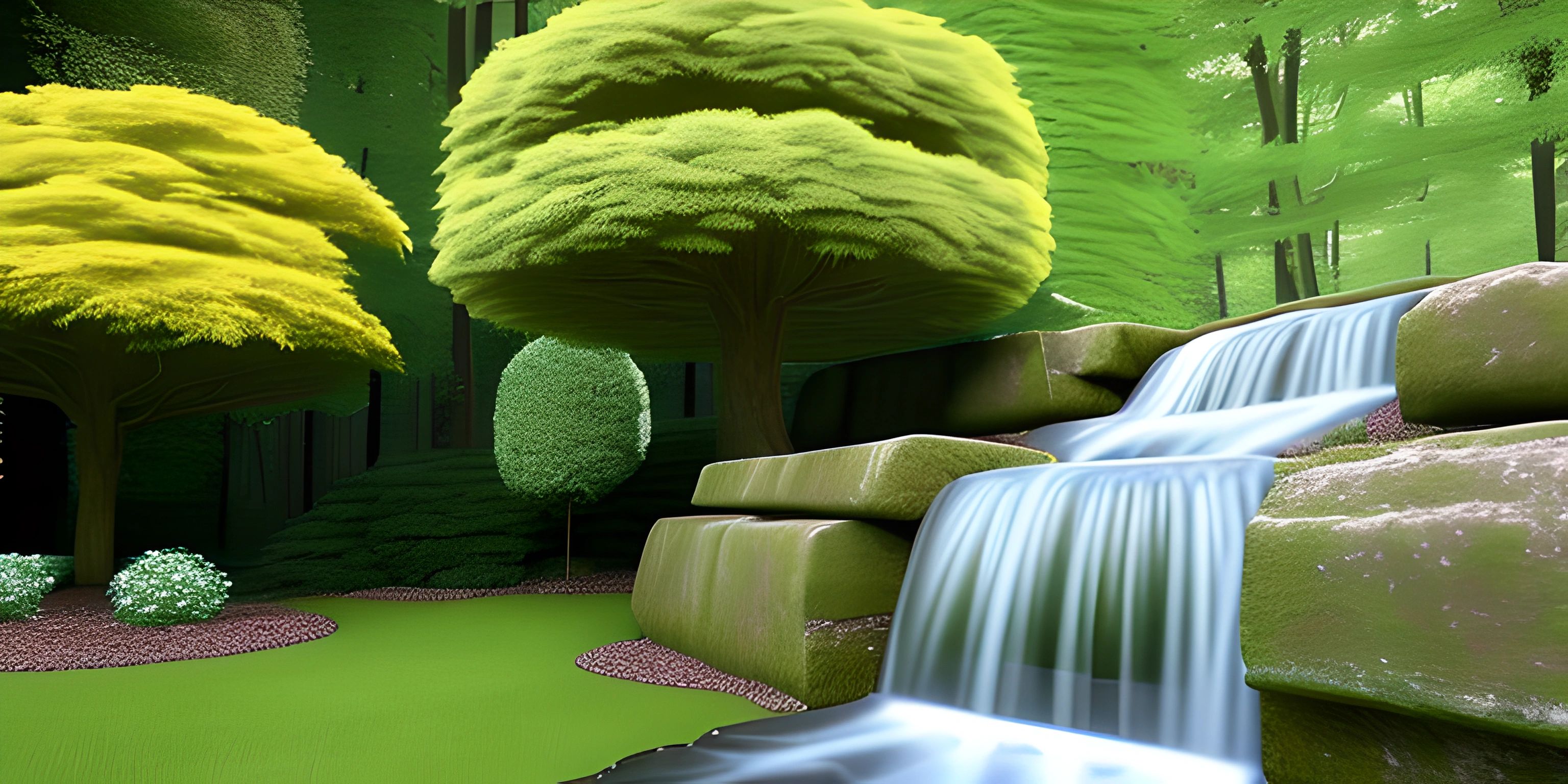 a stream that runs through a grassy area under trees and bushes with moss growing on them