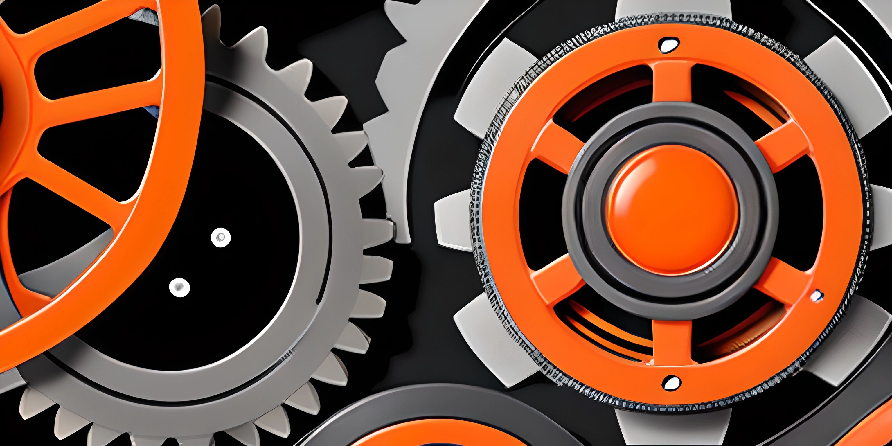 a group of gears in a black room with one orange and silver gear wheels, the other gray and white