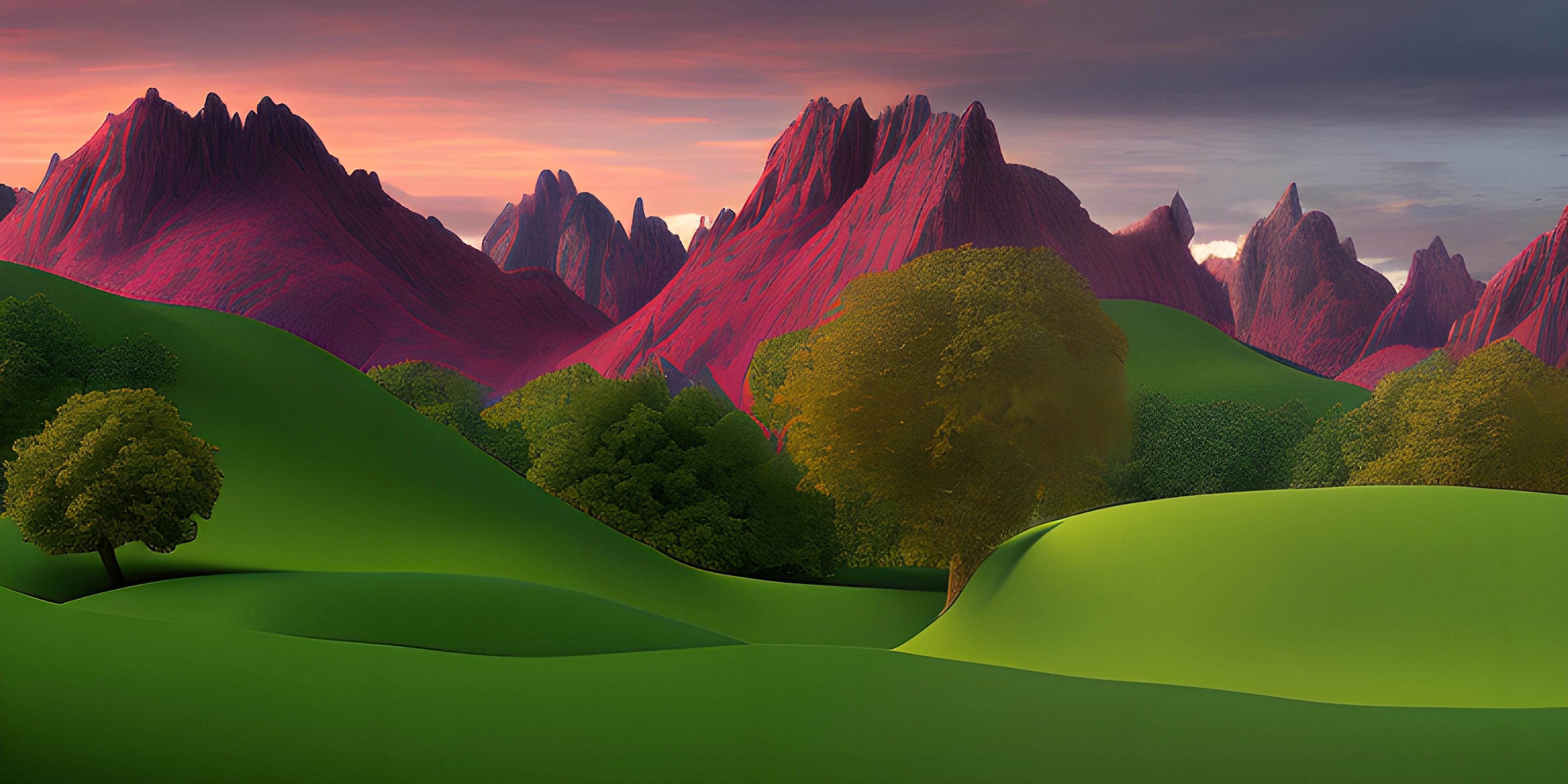 a large grassy field with trees next to some mountains and the sky with clouds behind it