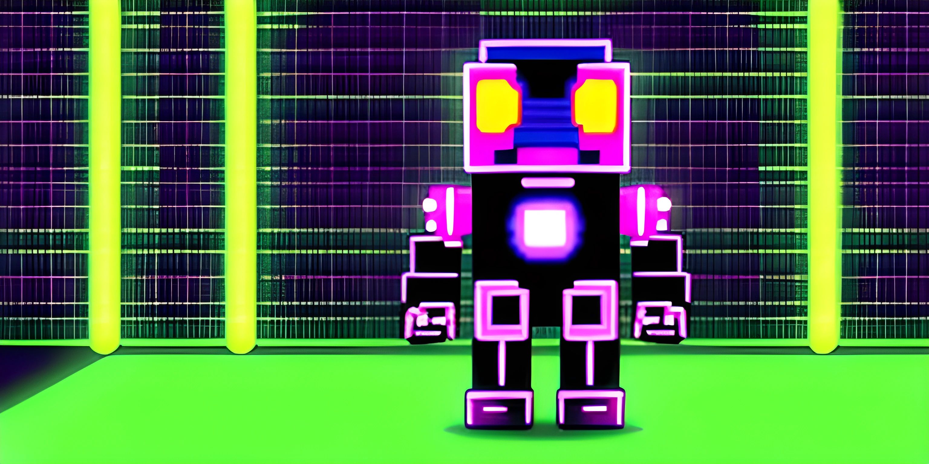 a small robot on a green floor with a fence in the background for an animated video game