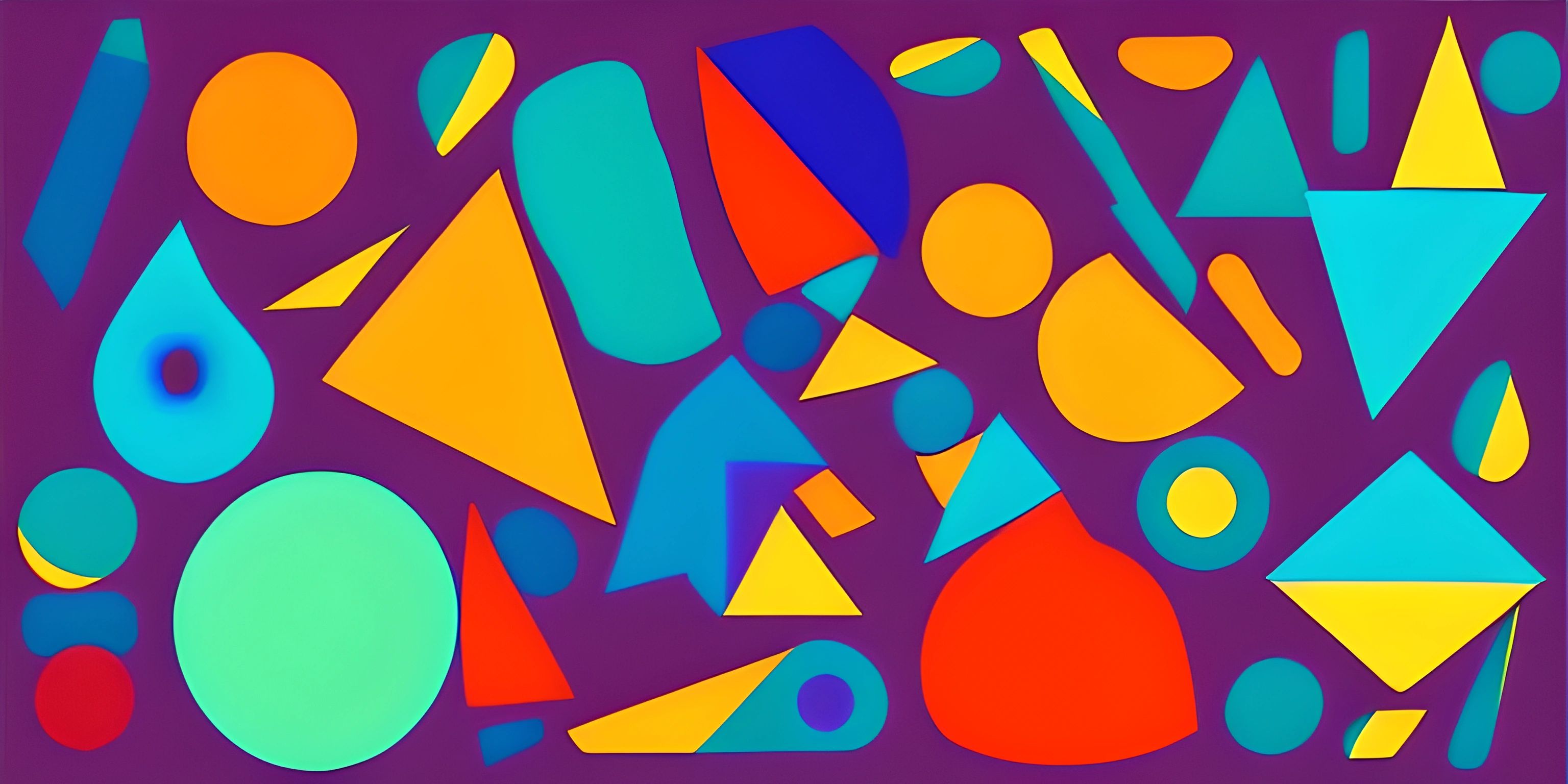 an abstract painting made with different shapes and lines in purple, blue, orange, and green