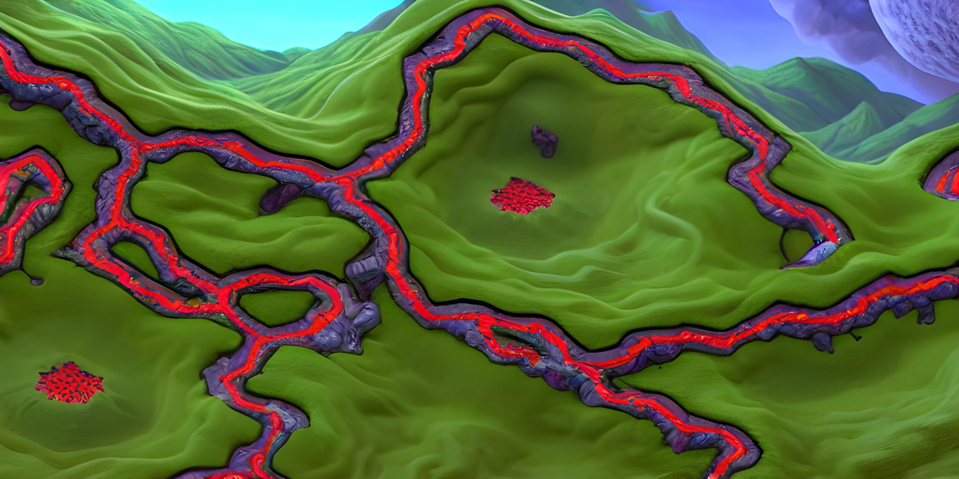 a 3d animation of a map of the terrain surrounding earth, with red areas showing different locations