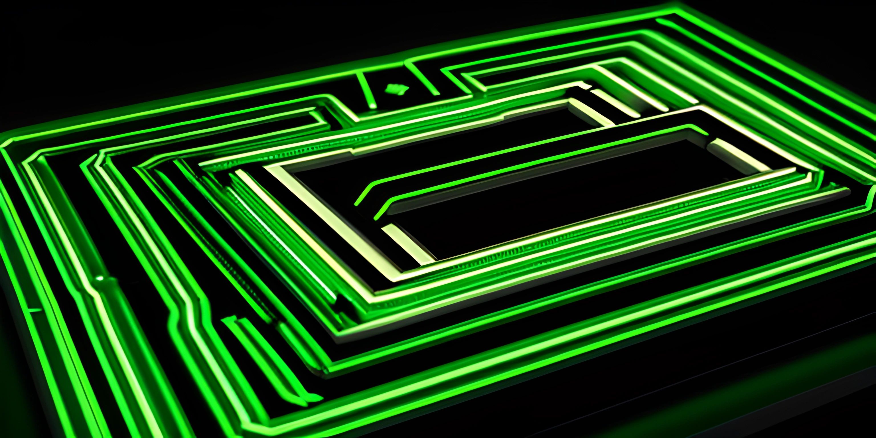 green neon glowing signs in shape of a circuit on a black surface with black and silver lights