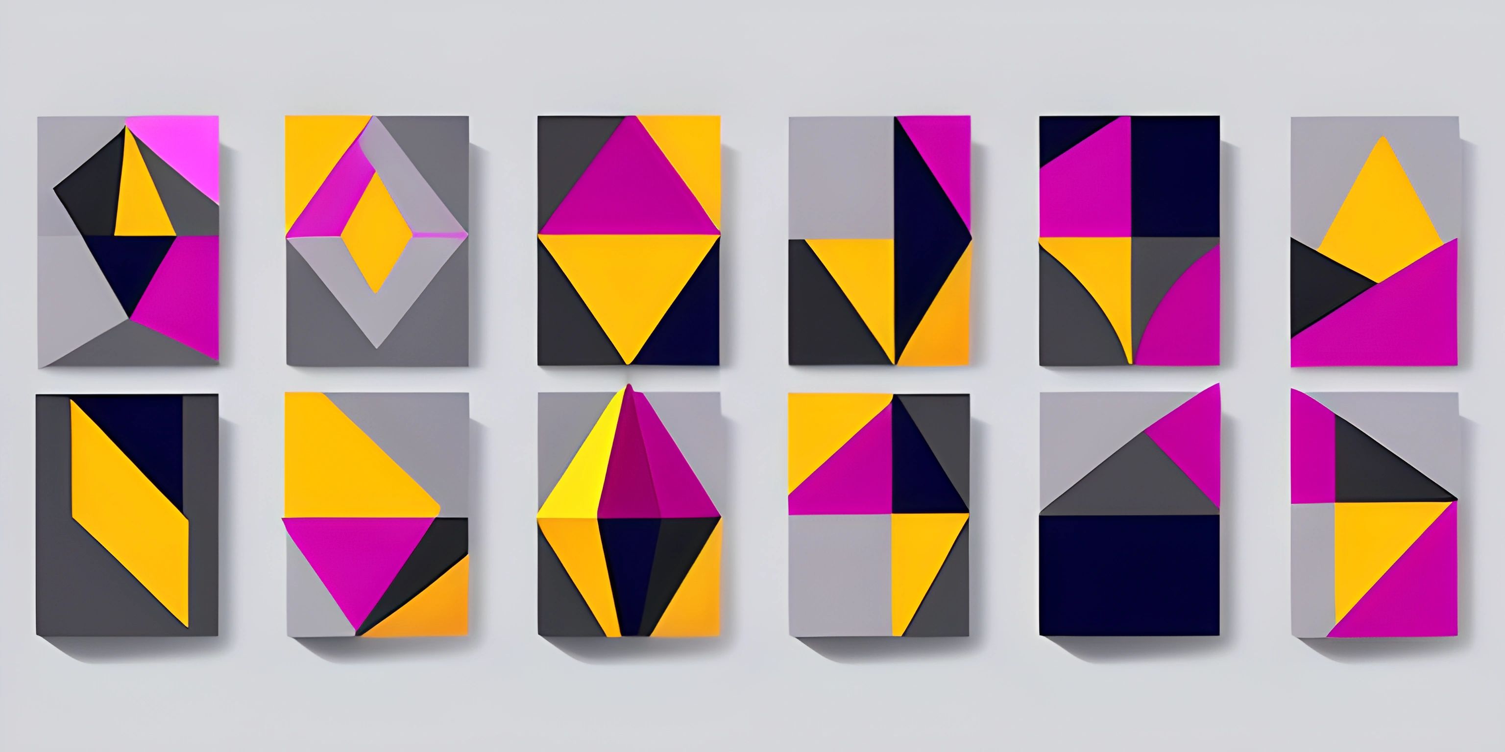multiple geometric paintings painted on paper and hung in a wall behind it in an image of the same artist