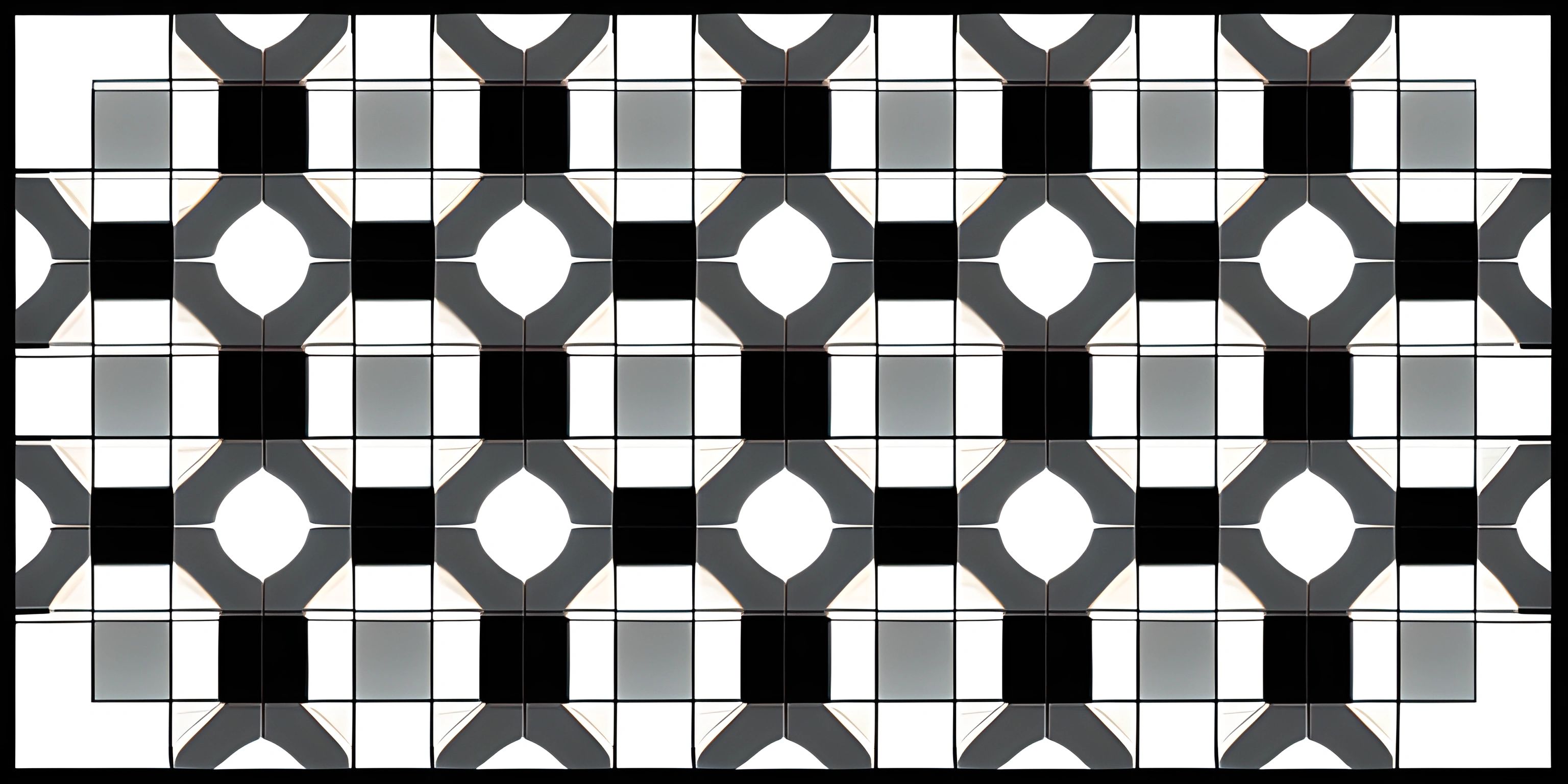 a black and white picture with geometric designs on it's sides, including square tiles, squares, and crosses