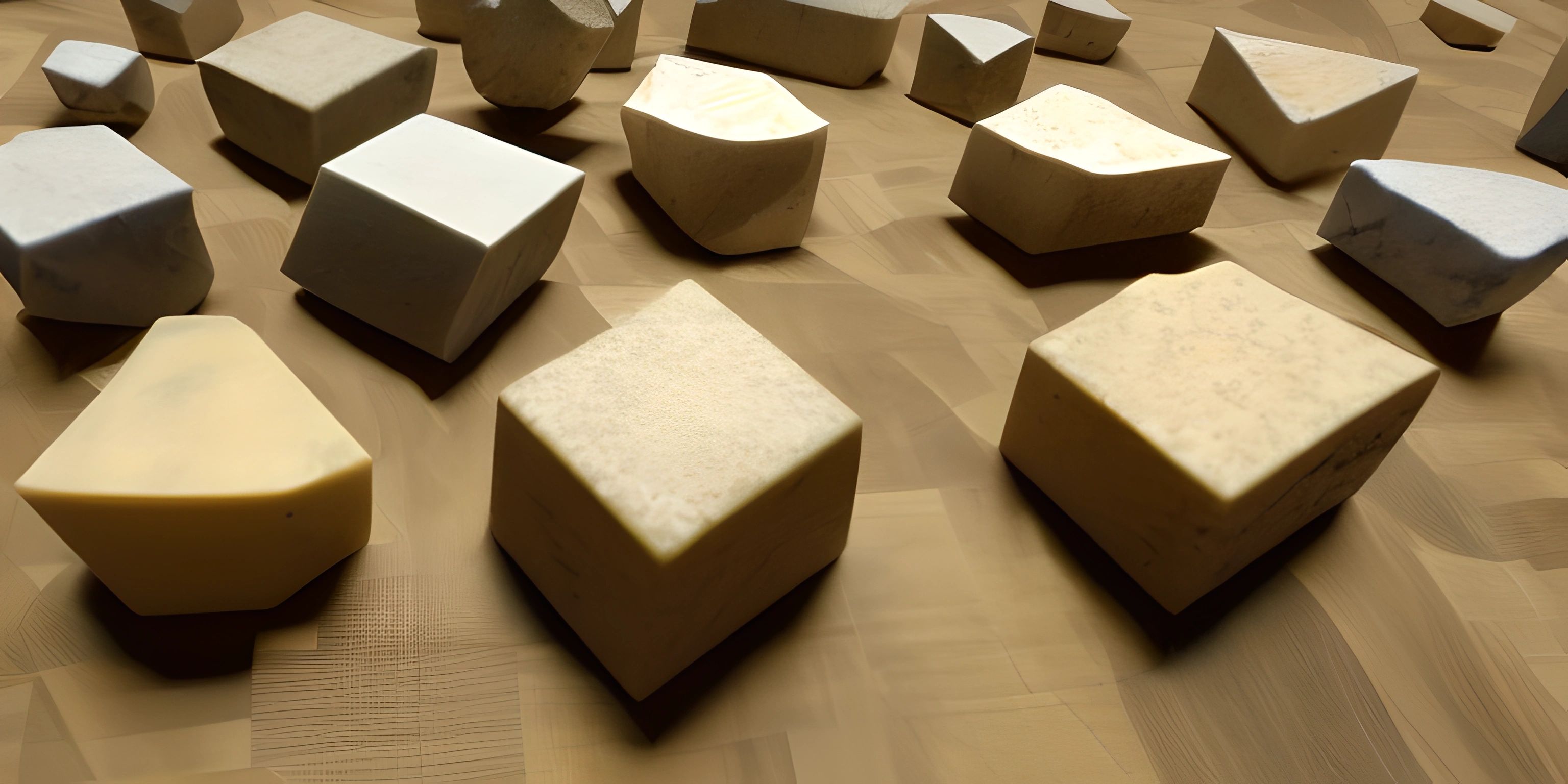 a couple of pieces of cheese on top of a wooden table covered in cheese blocks