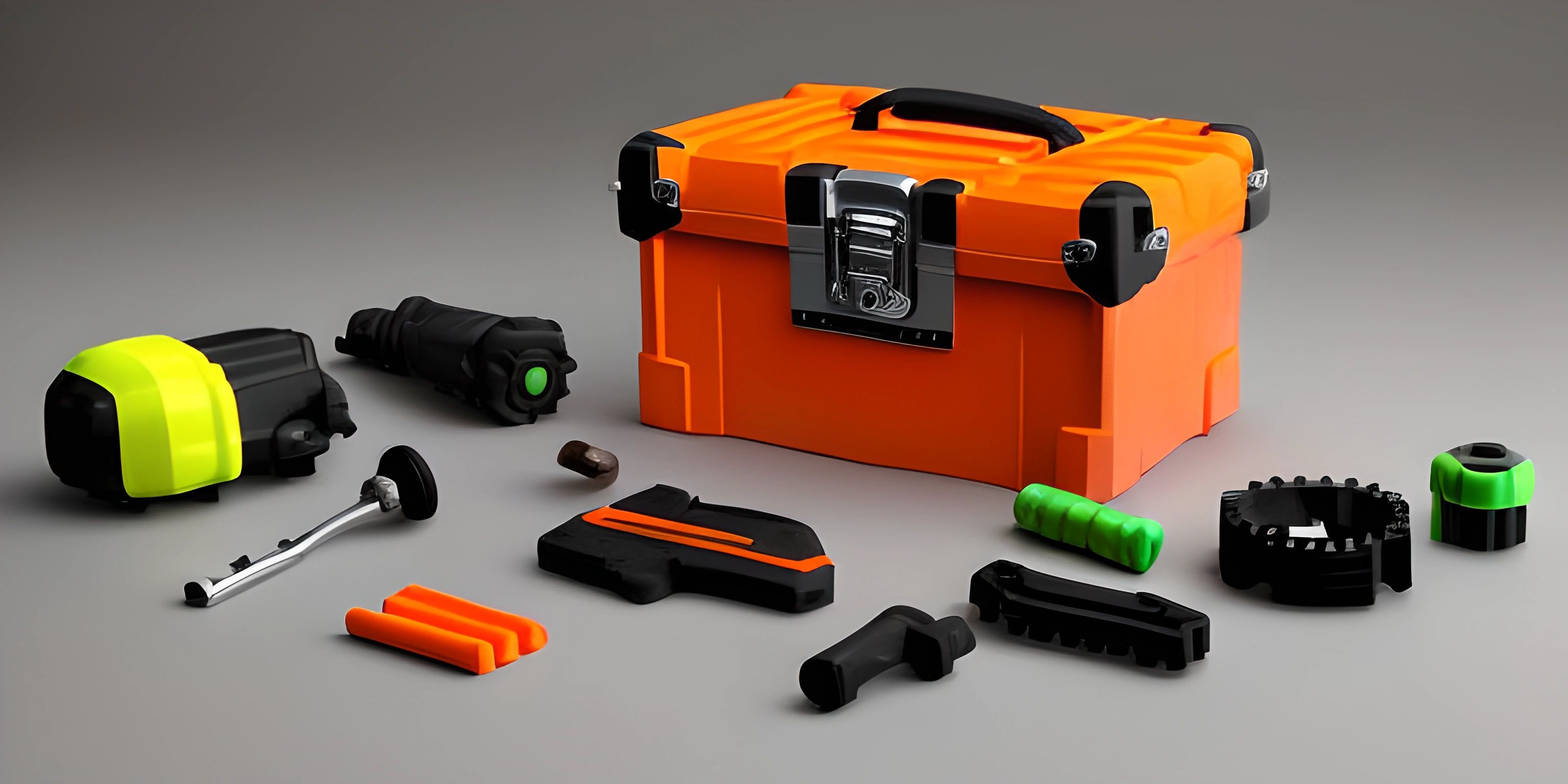 a small orange box has tools on top of it next to a tool set with a drill, hammer and a couple other tools