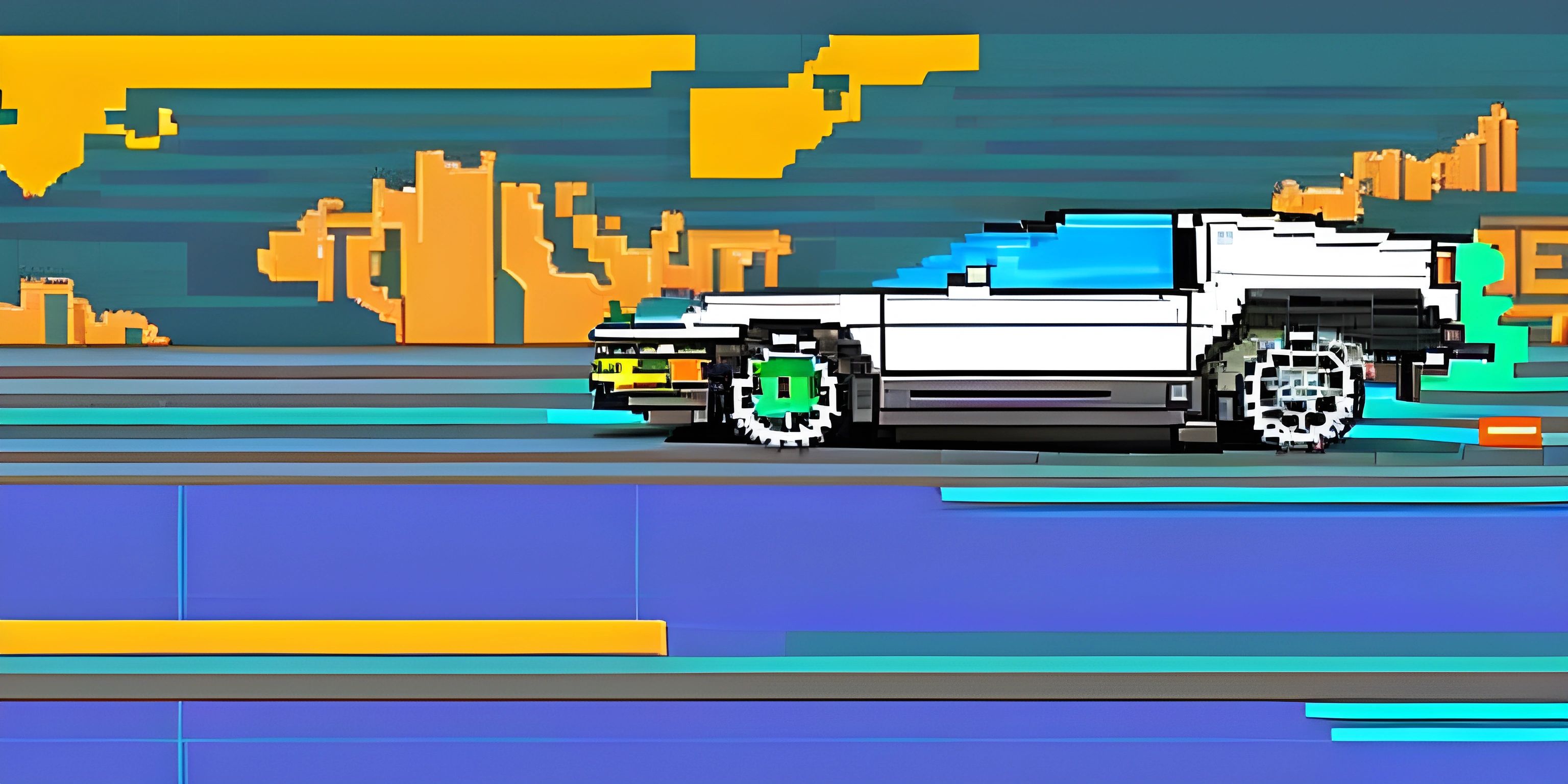 an animated car is shown on a street track, painted in the style of pixel art