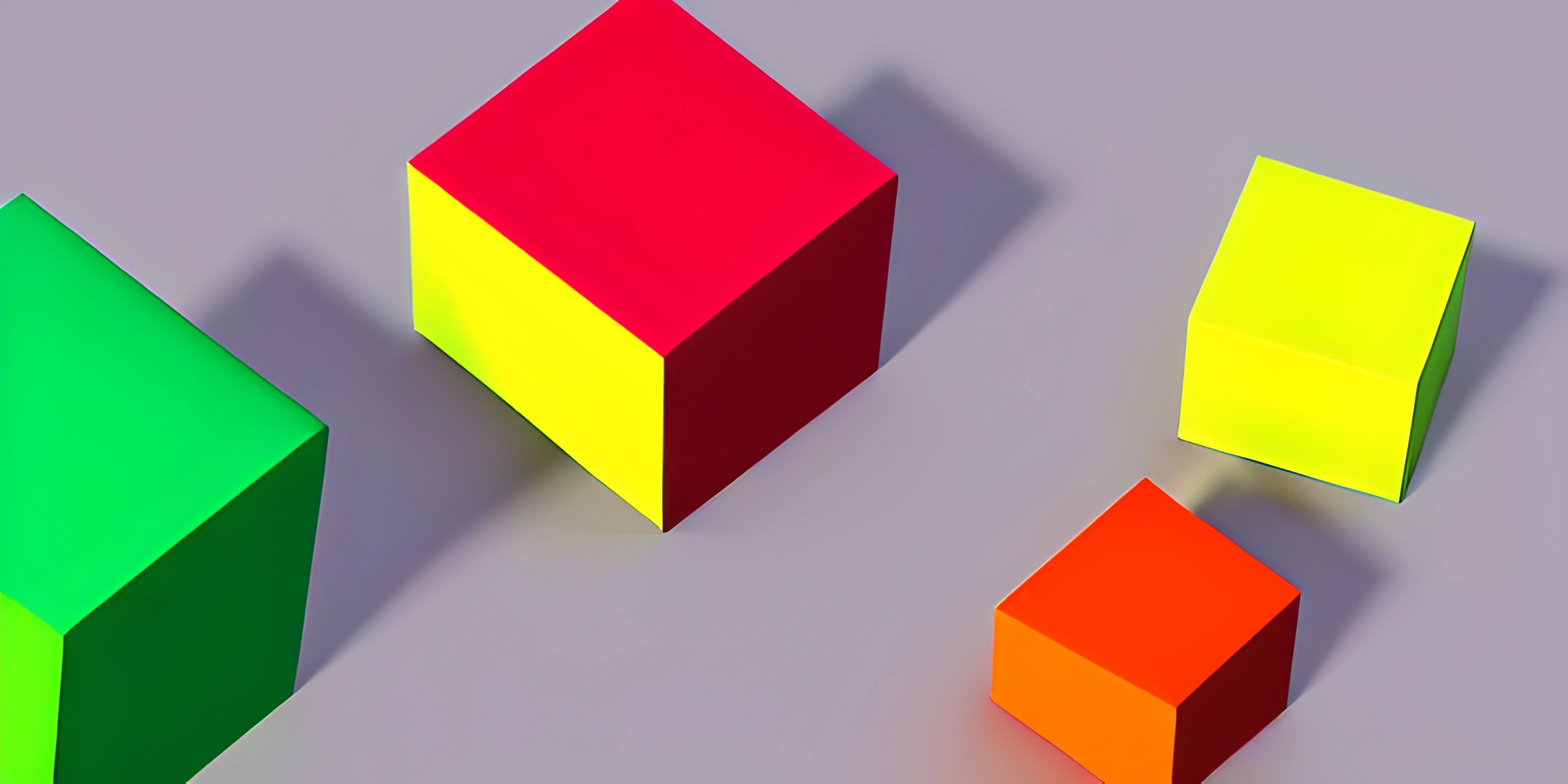 3d illustration of various bright colored cubes scattered together on grey surface with shadow in center