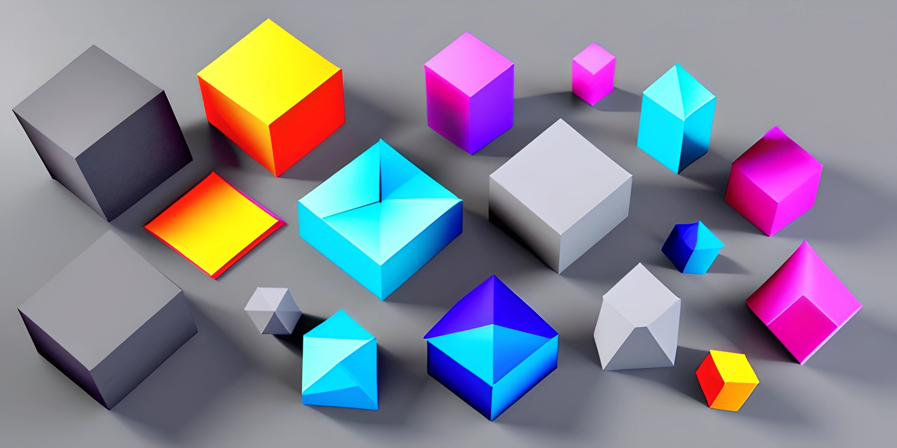 the 3d rendered object is multicolored and has square shapes all around it and appears to be arranged