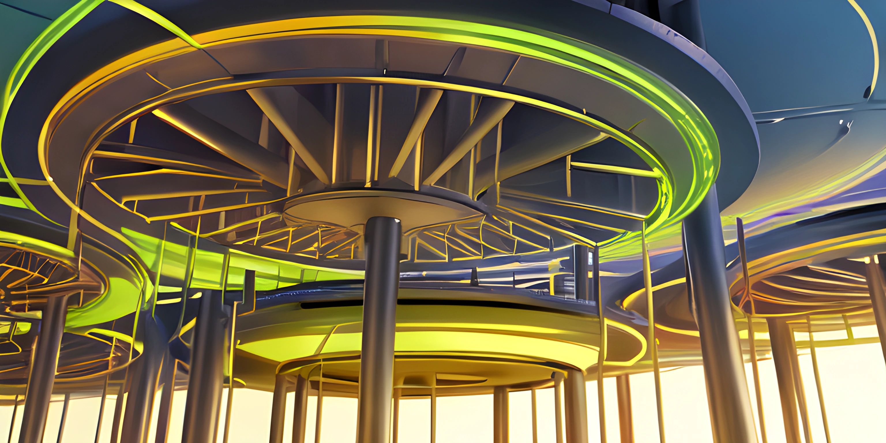 circular structures in the background with neon lights and a light beam on each side of them