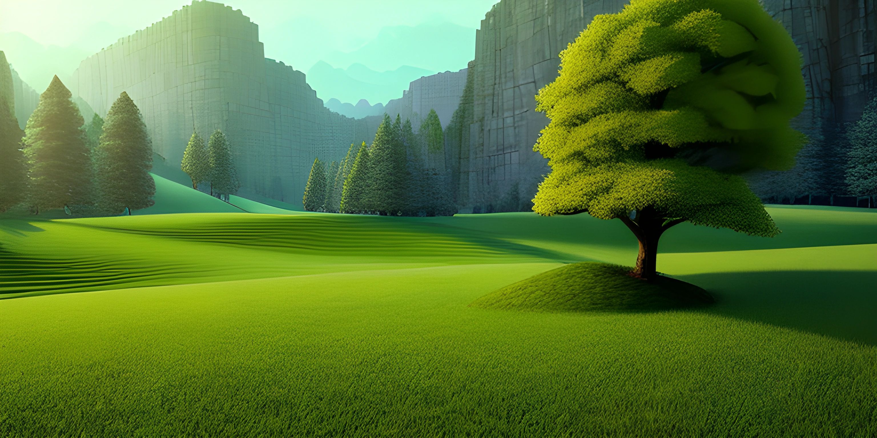 a hill with a green tree in the middle of it and mountains beyond it with sunlight hitting through the trees