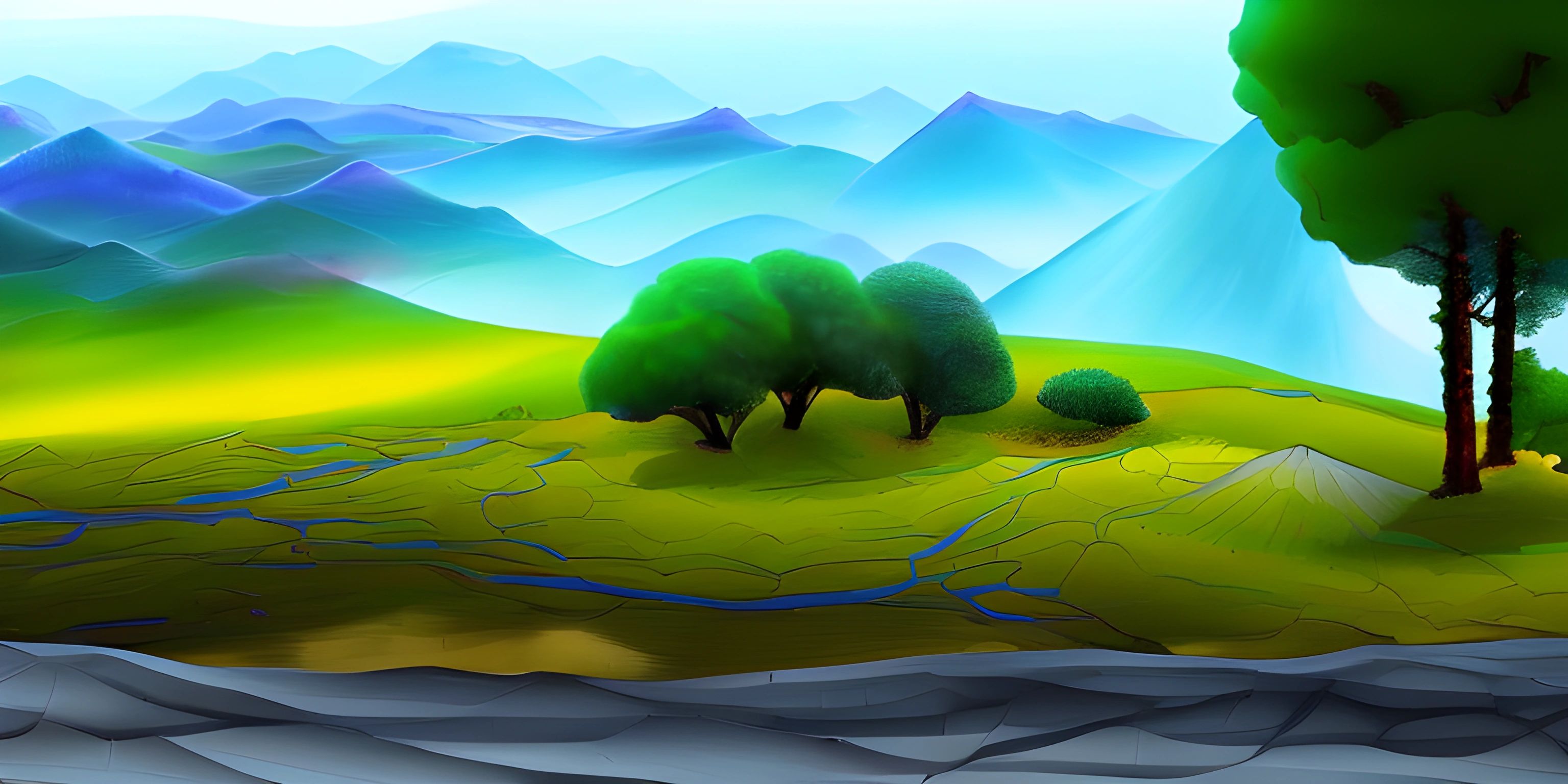 a painting of some trees in the field with mountains in the background, and a stream running through it