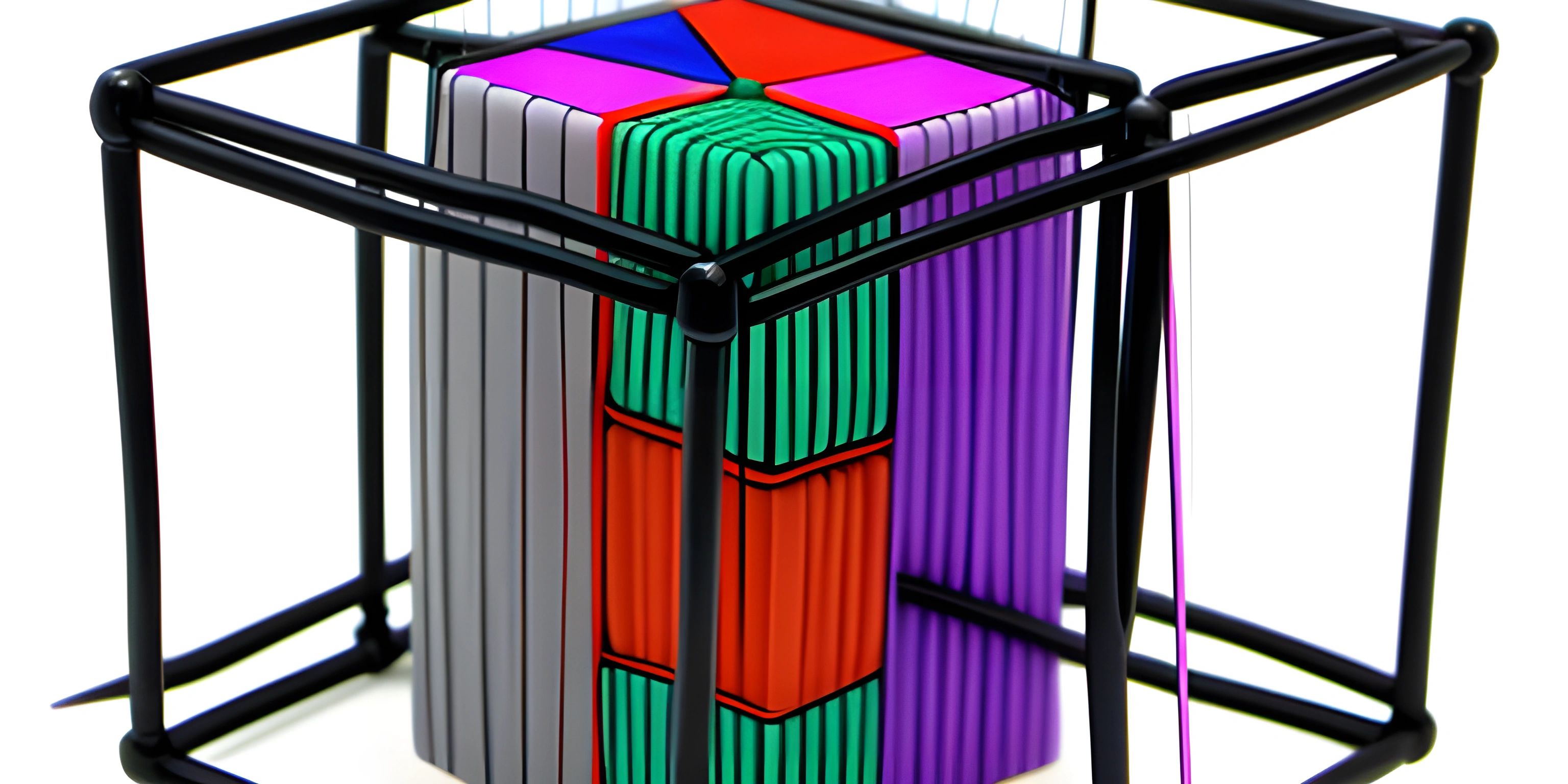 a metal storage container with six pieces of colored paper attached to it that are attached to two different colored strings