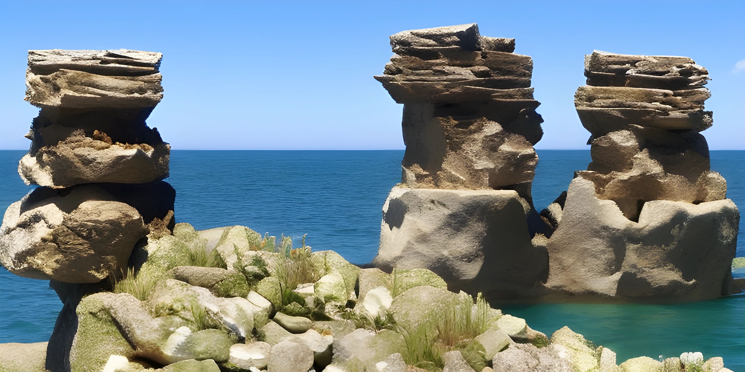 two rock formations near the ocean that are covered in mossie plants and rocks with a blue sky in background