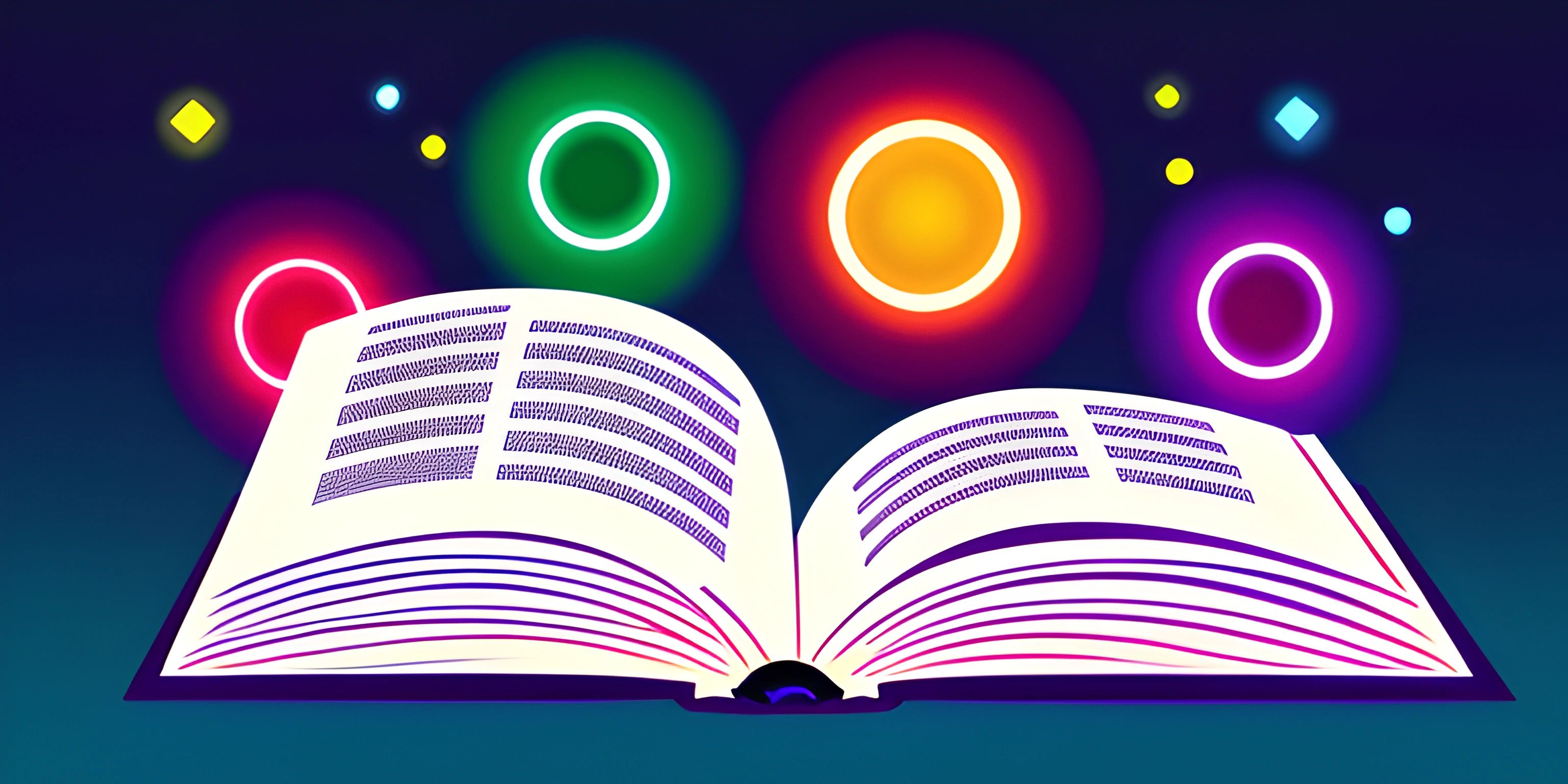 an open book that has some colorful light bulbs above it and a rainbow ring around it