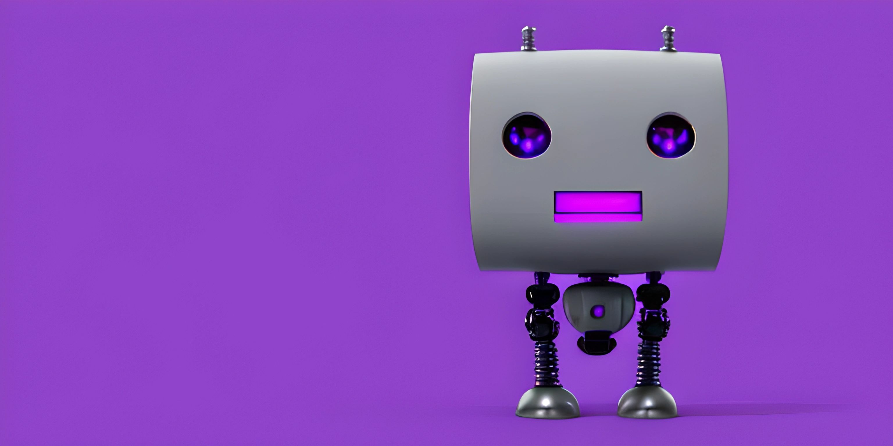 a silver robot with blue eyes standing next to purple wall and another robotic figure standing in the background