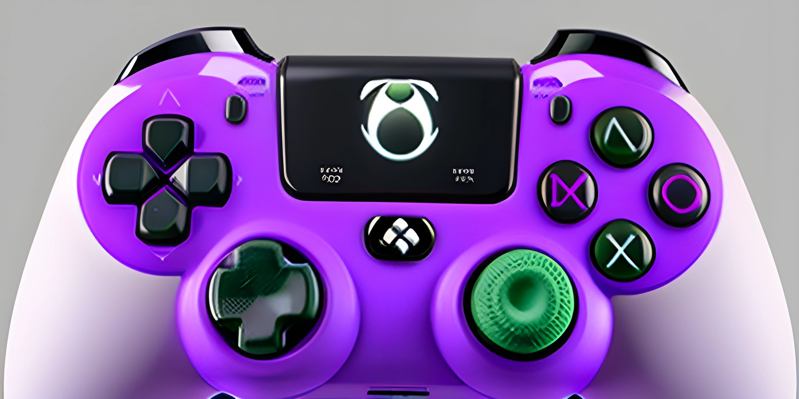 a purple gamepad with buttons is shown on a grey surface the controller holds a white xbox one