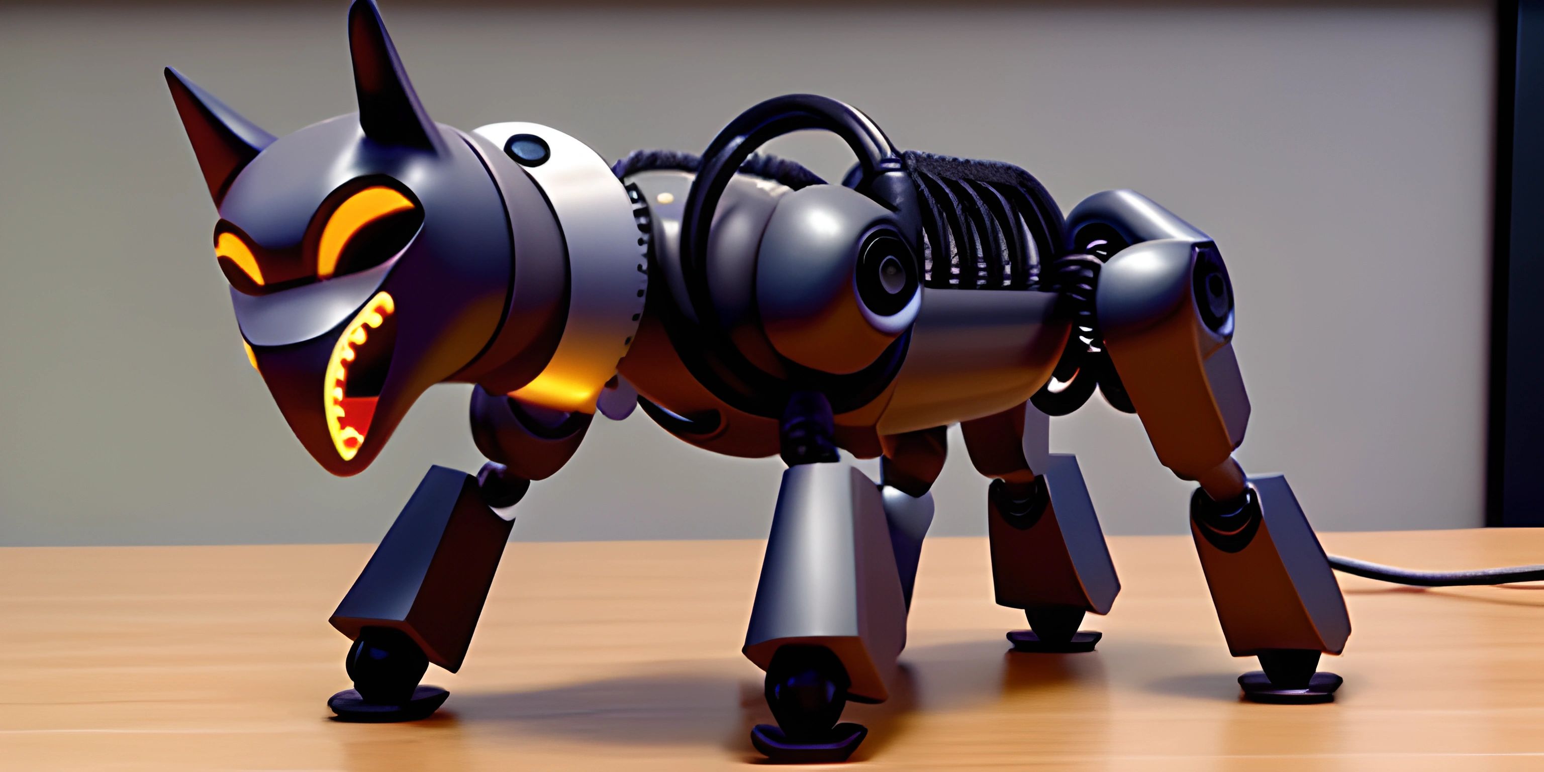 an interesting and creative robot dog on a table in front of a tv or a computer monitor