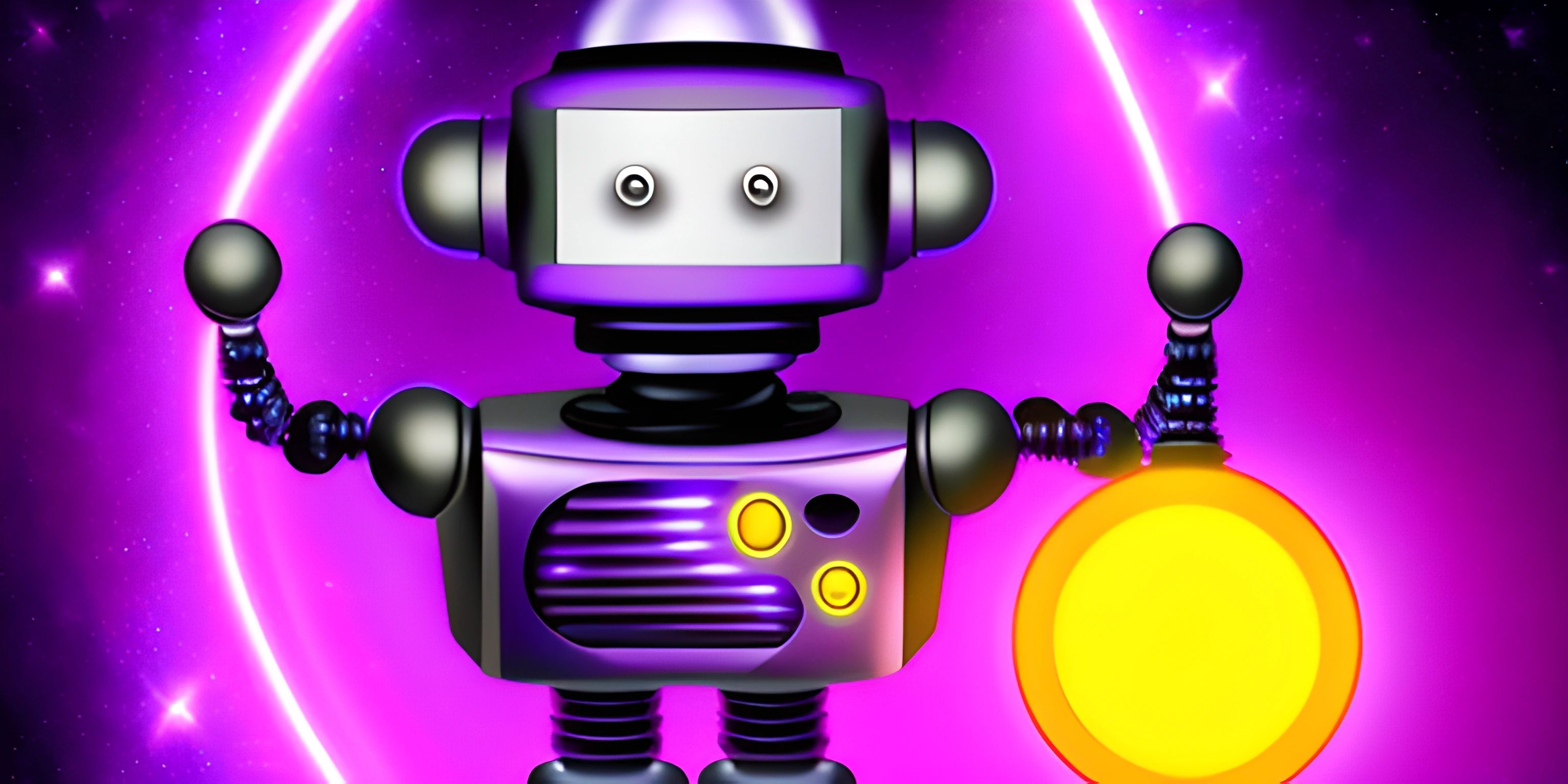 an animated image of a toy robot with a glowing yellow disk around its neck that is surrounded by smaller, circular objects