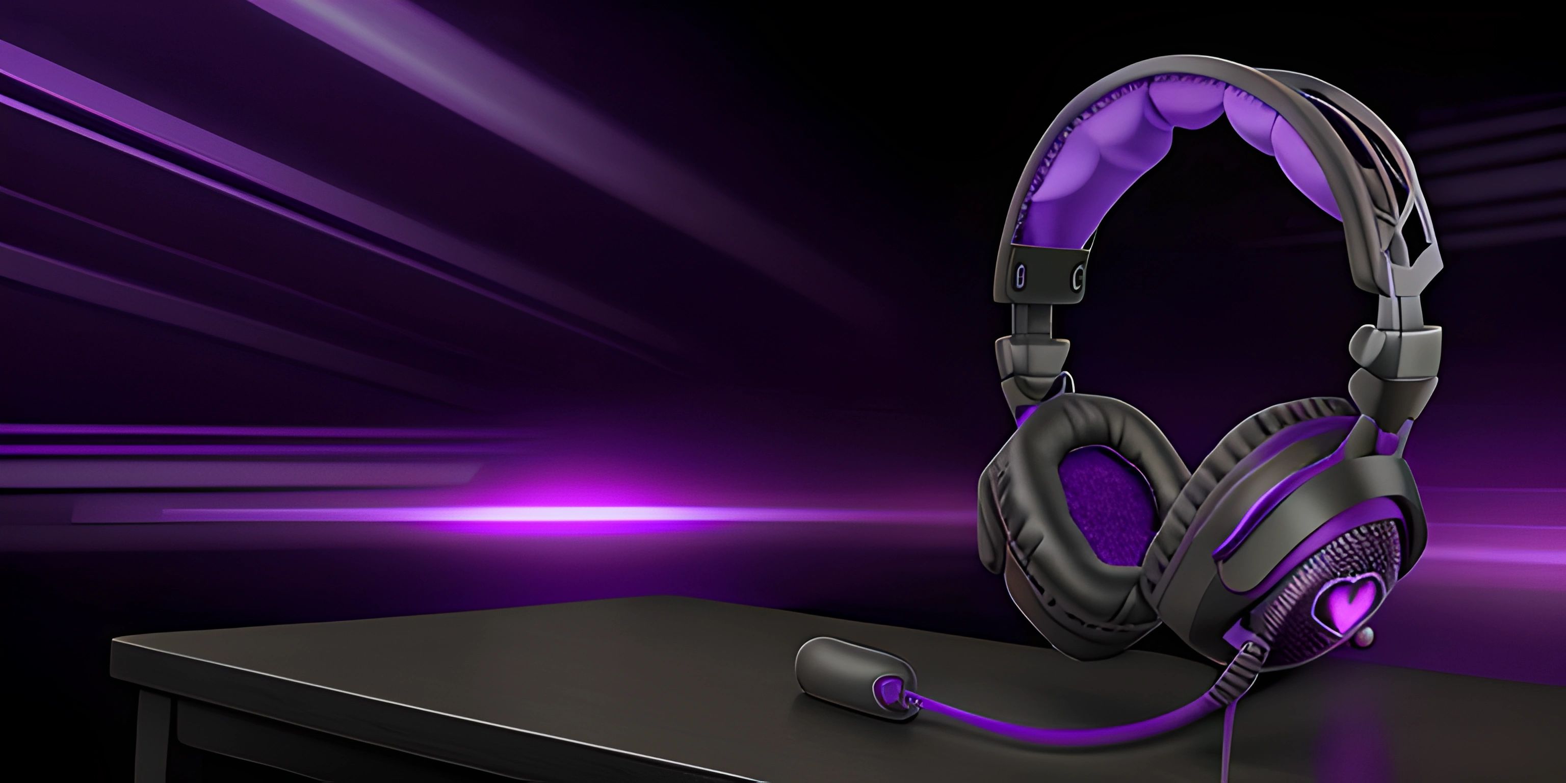 a computer gaming set up with headphones and mouse, and lights streaming in through purple